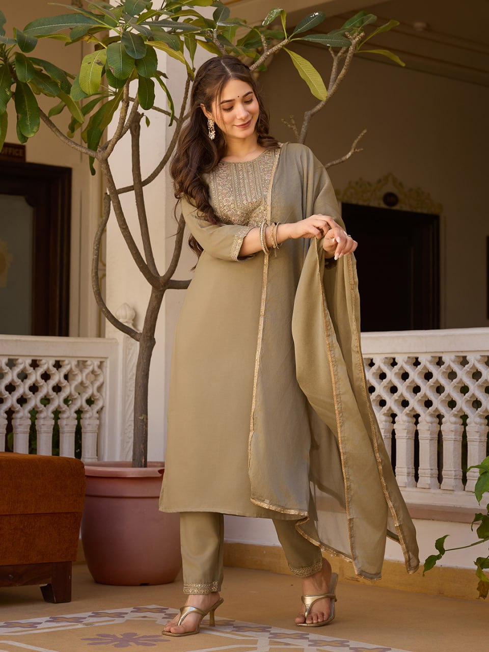 Brown Embroidered Kurta Set with Floral Printed Dupatta