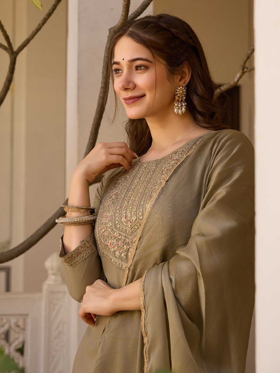 Brown Embroidered Kurta Set with Floral Printed Dupatta