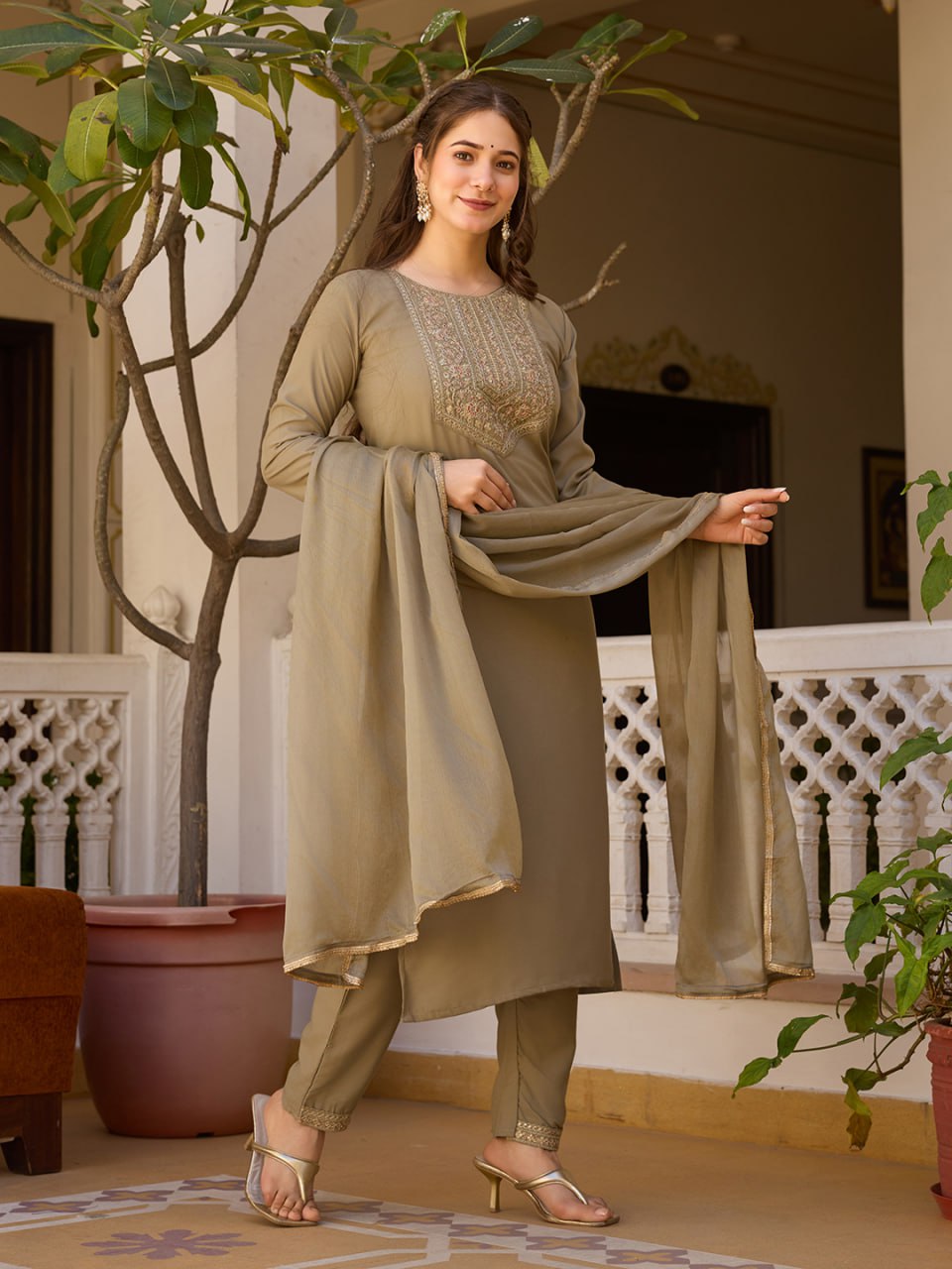 Brown Embroidered Kurta Set with Floral Printed Dupatta