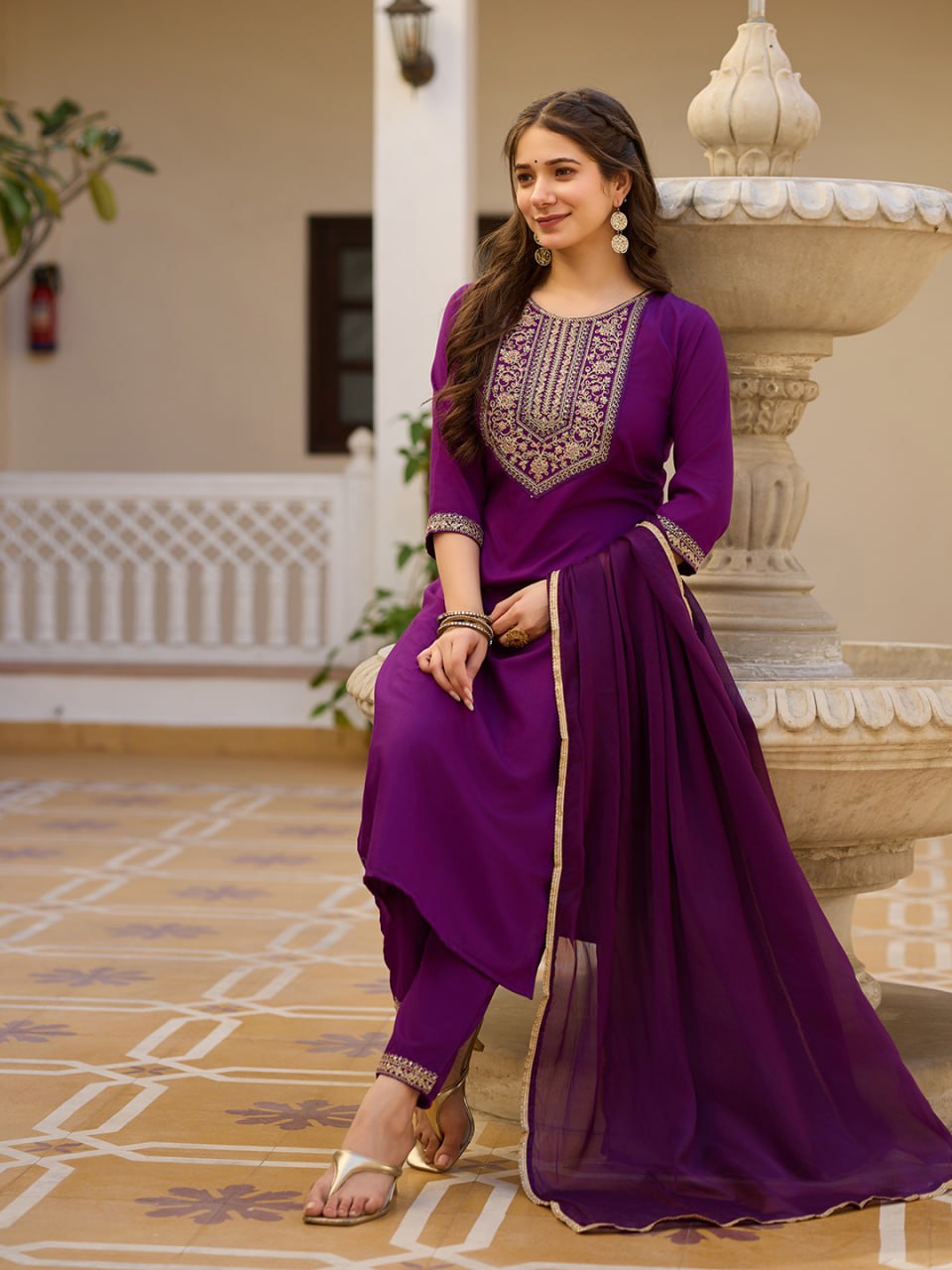 Navy Embroidered Kurta Set with Floral Printed Dupatta