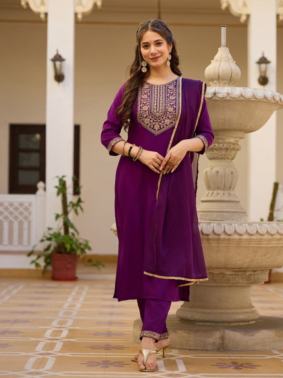 Navy Embroidered Kurta Set with Floral Printed Dupatta