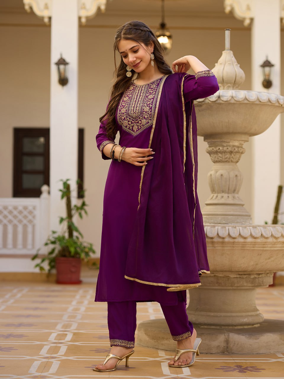 Navy Embroidered Kurta Set with Floral Printed Dupatta