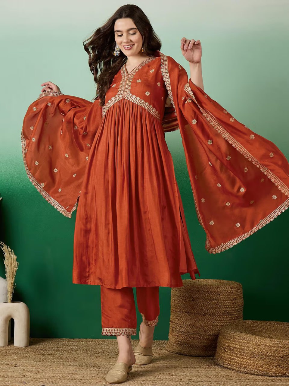Rust Red Embroidered Kurta Set with Floral Printed Dupatta