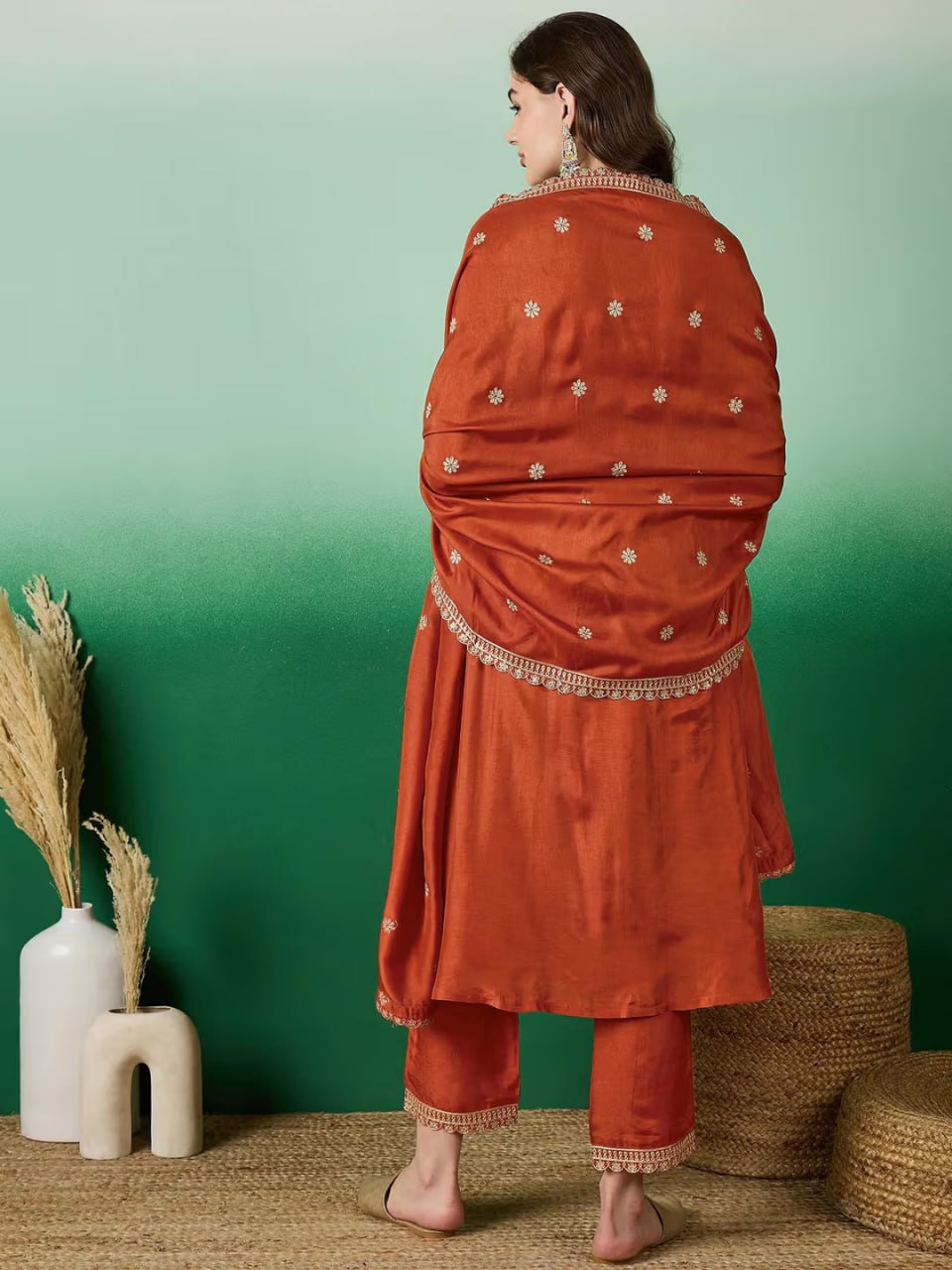 Rust Red Embroidered Kurta Set with Floral Printed Dupatta