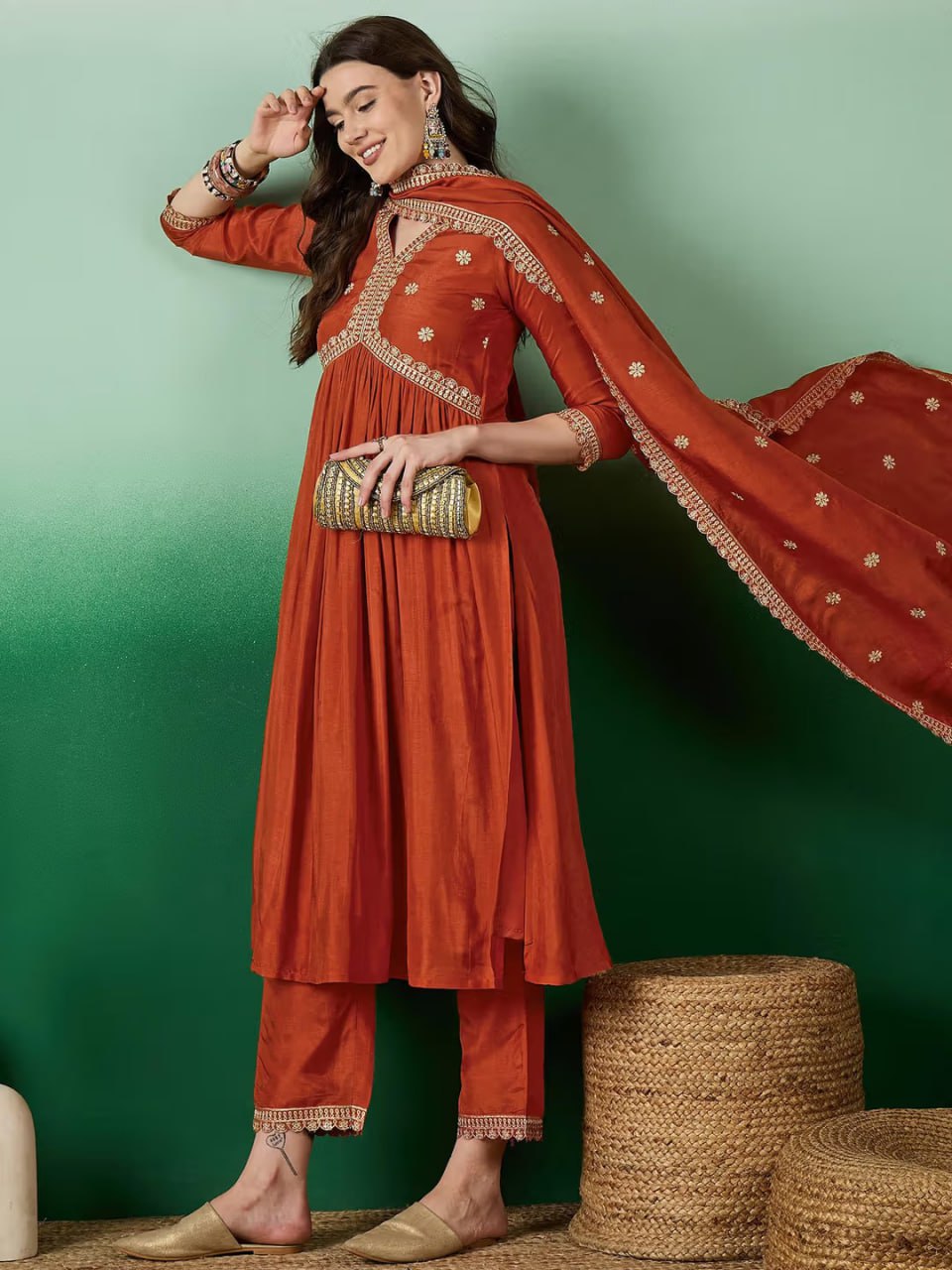 Rust Red Embroidered Kurta Set with Floral Printed Dupatta