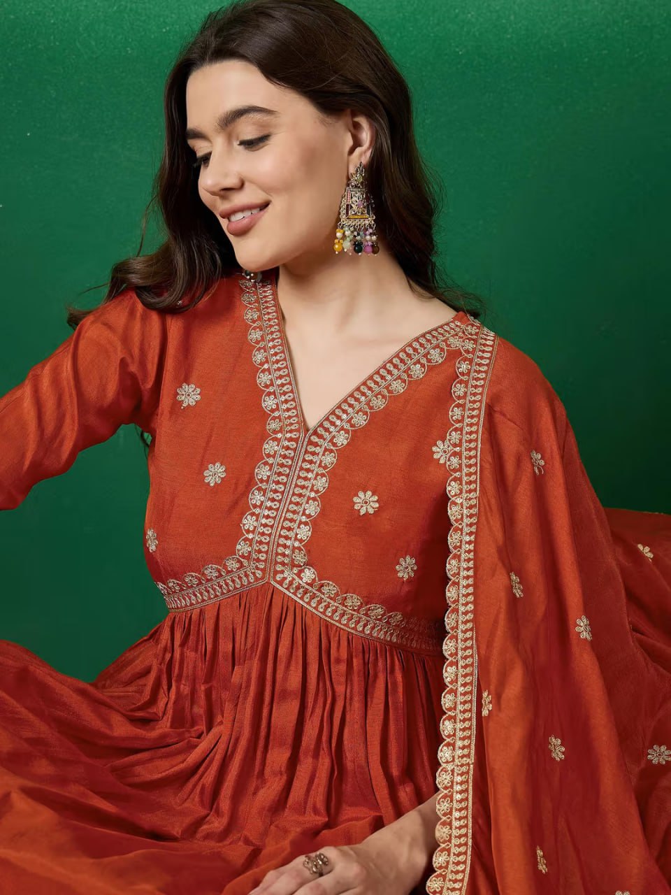 Rust Red Embroidered Kurta Set with Floral Printed Dupatta