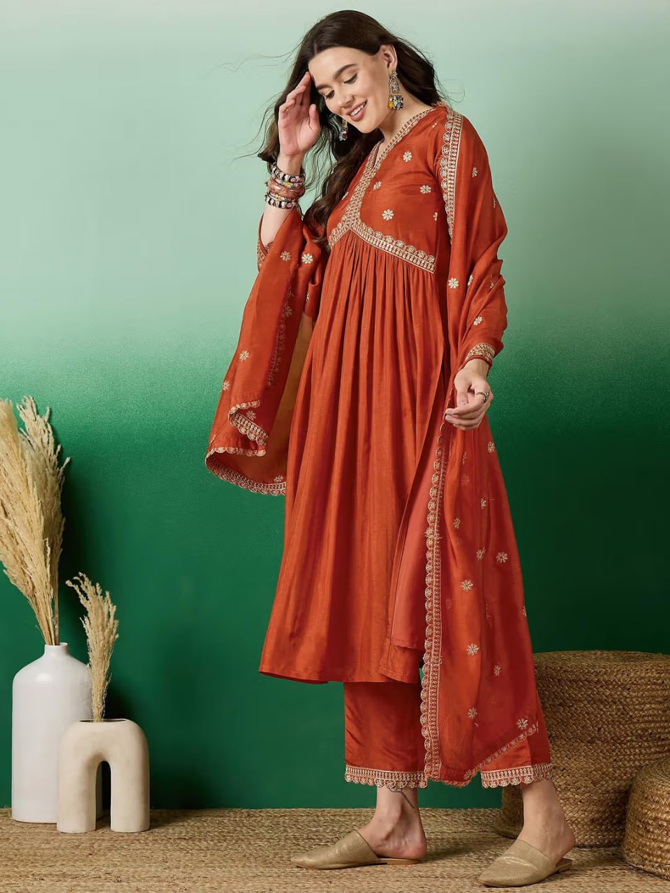 Rust Red Embroidered Kurta Set with Floral Printed Dupatta