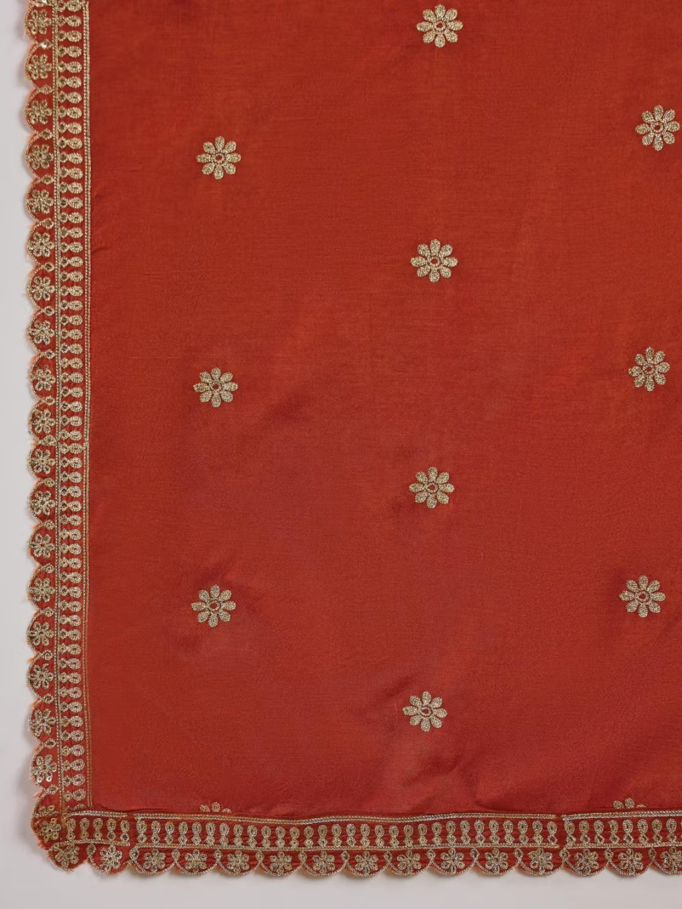 Rust Red Embroidered Kurta Set with Floral Printed Dupatta
