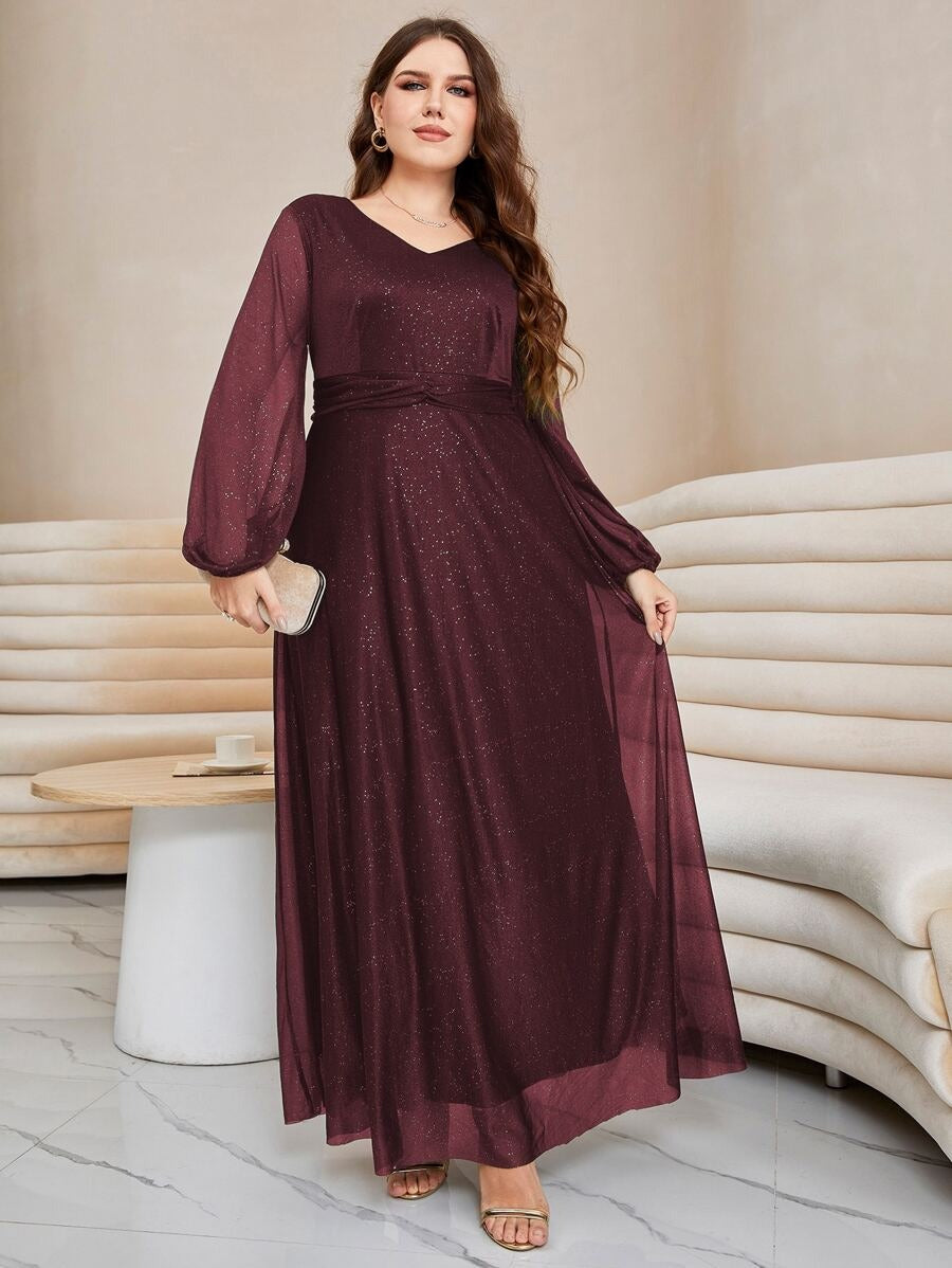Maroon Sequin Embellished Flared Gown with Full Sleeves