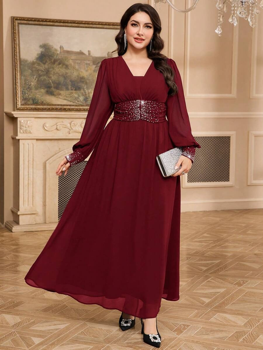 Maroon Sequin Embellished V-Neck Long Sleeve Maxi Dress