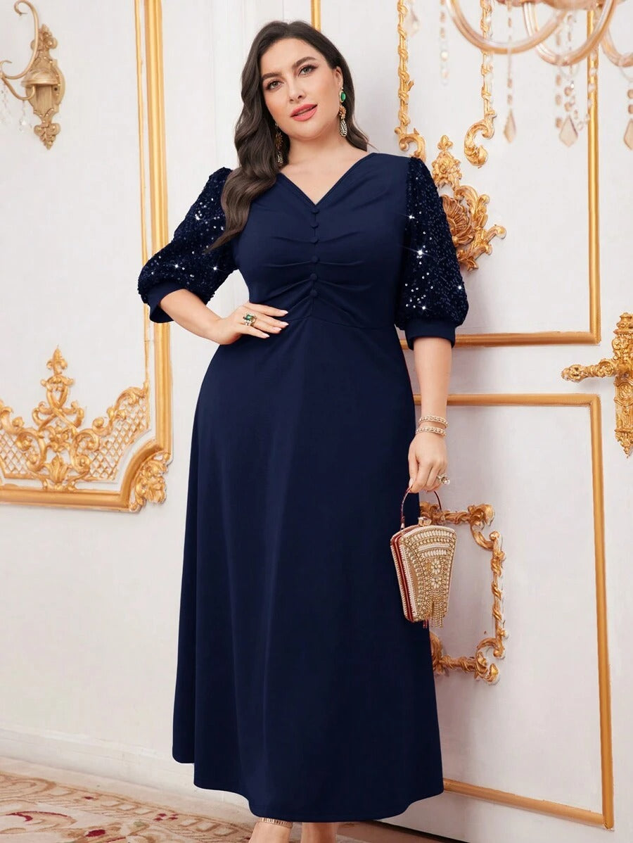 Navy Blue Sequin Embellished V-Neck Long Sleeve Maxi Dress