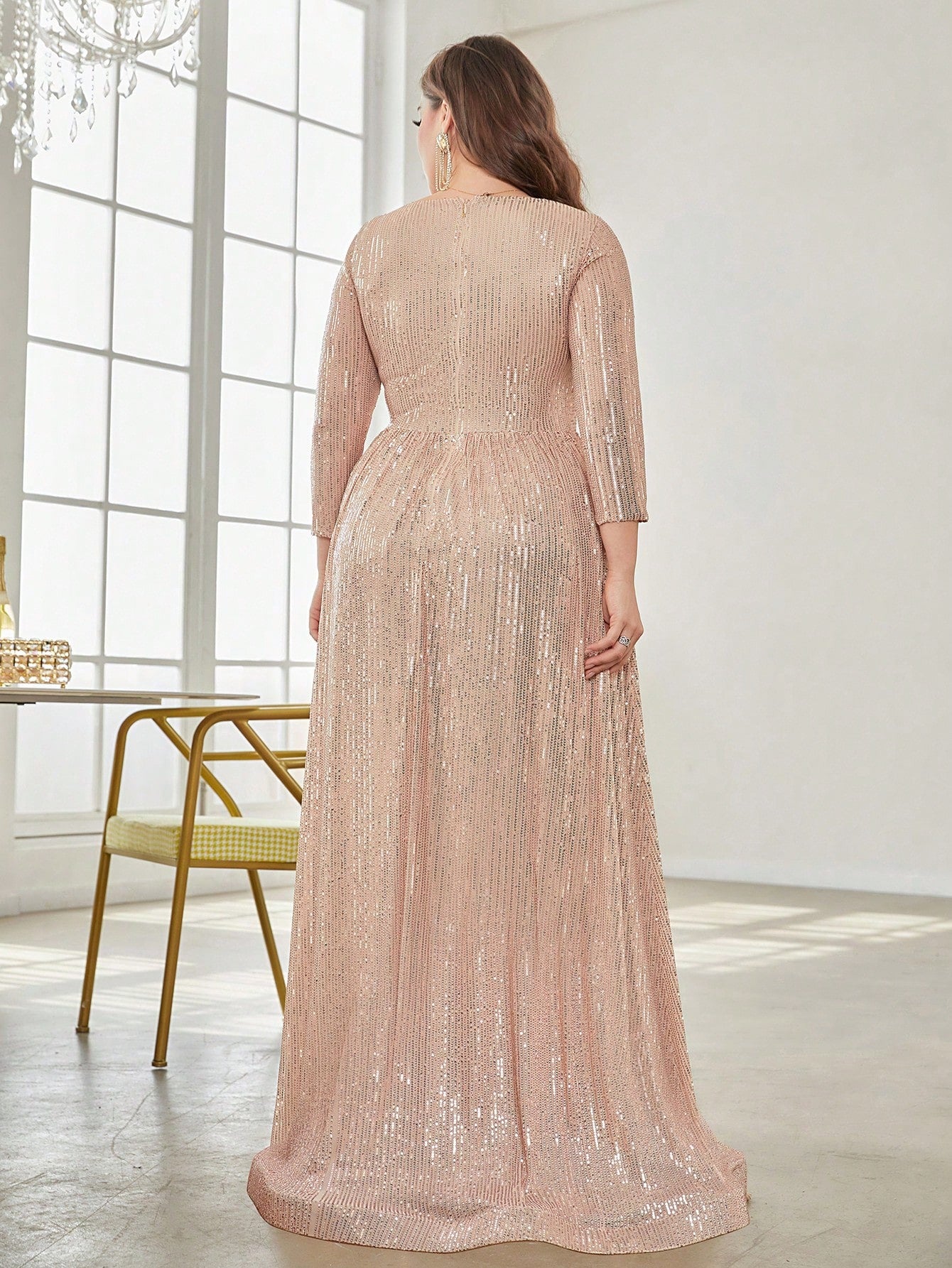 V-Neck Long Sleeves Sequins Evening Dress
