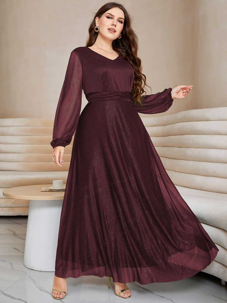 Maroon Sequin Embellished Flared Gown with Full Sleeves