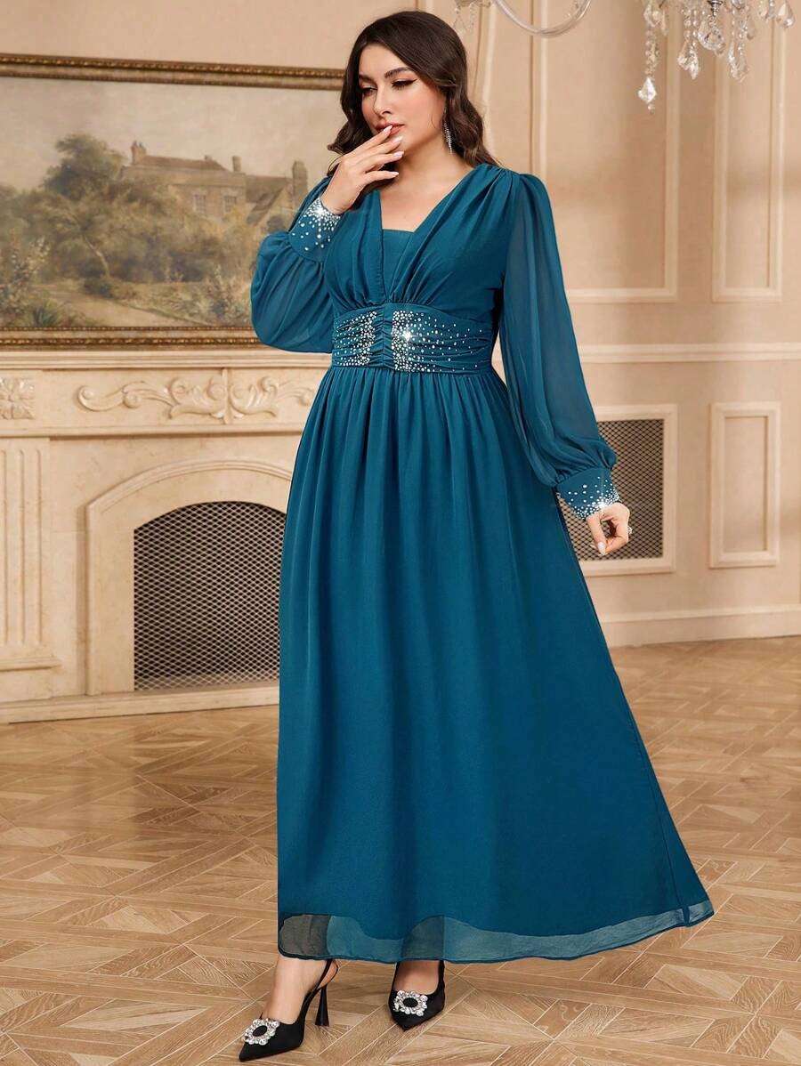 Navy Blue Sequin Embellished V-Neck Long Sleeve Maxi Dress