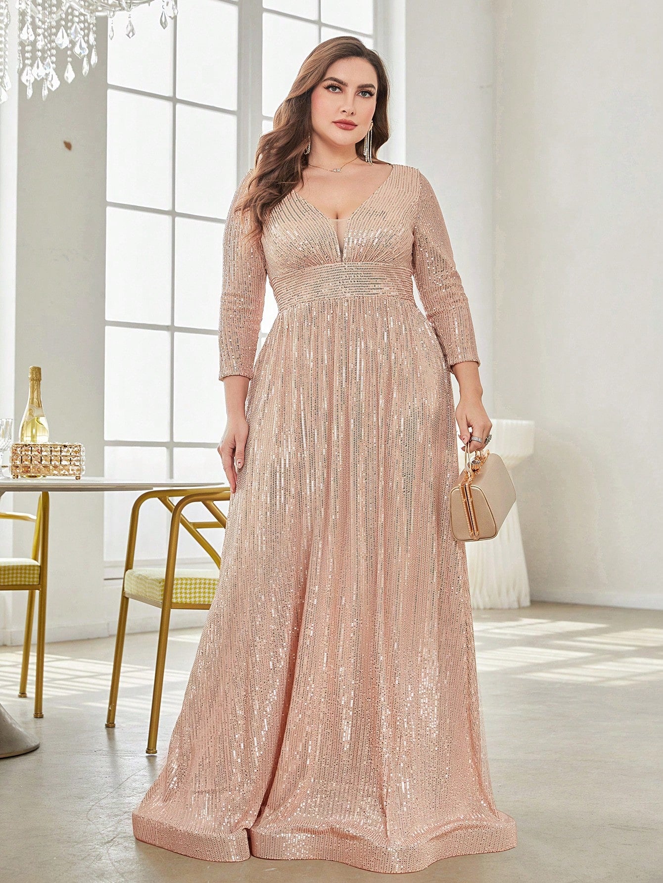 V-Neck Long Sleeves Sequins Evening Dress