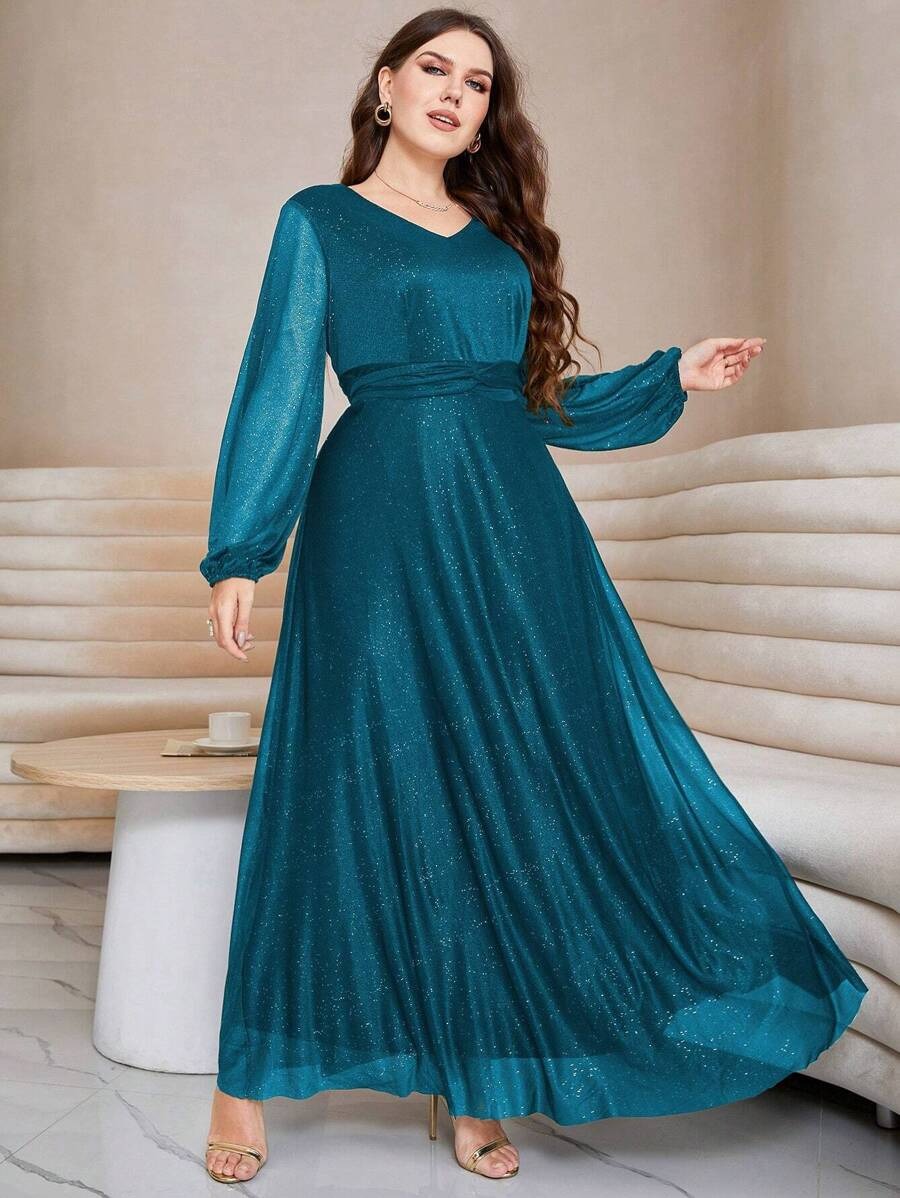 Luxury Green Sequin Embellished Flared Gown with Full Sleeves