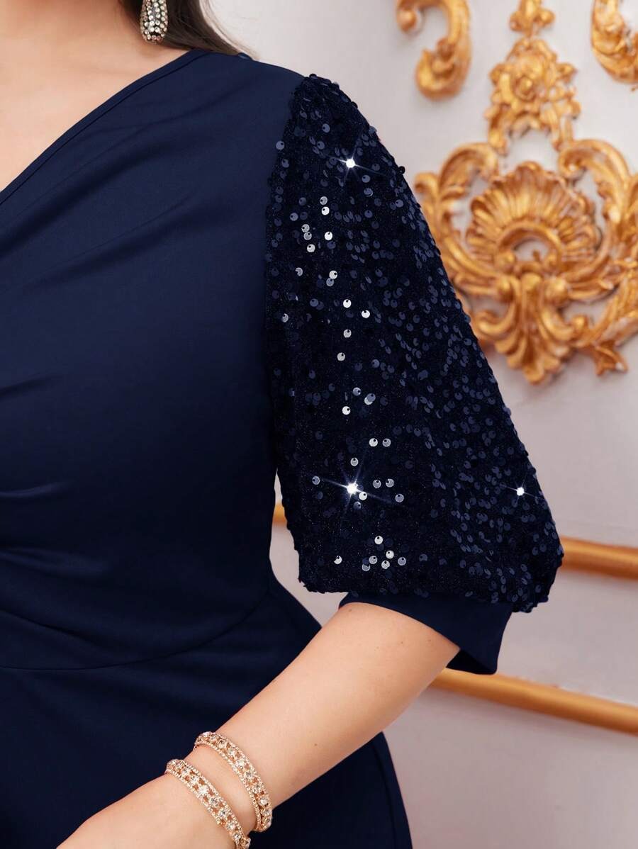 Navy Blue Sequin Embellished V-Neck Long Sleeve Maxi Dress