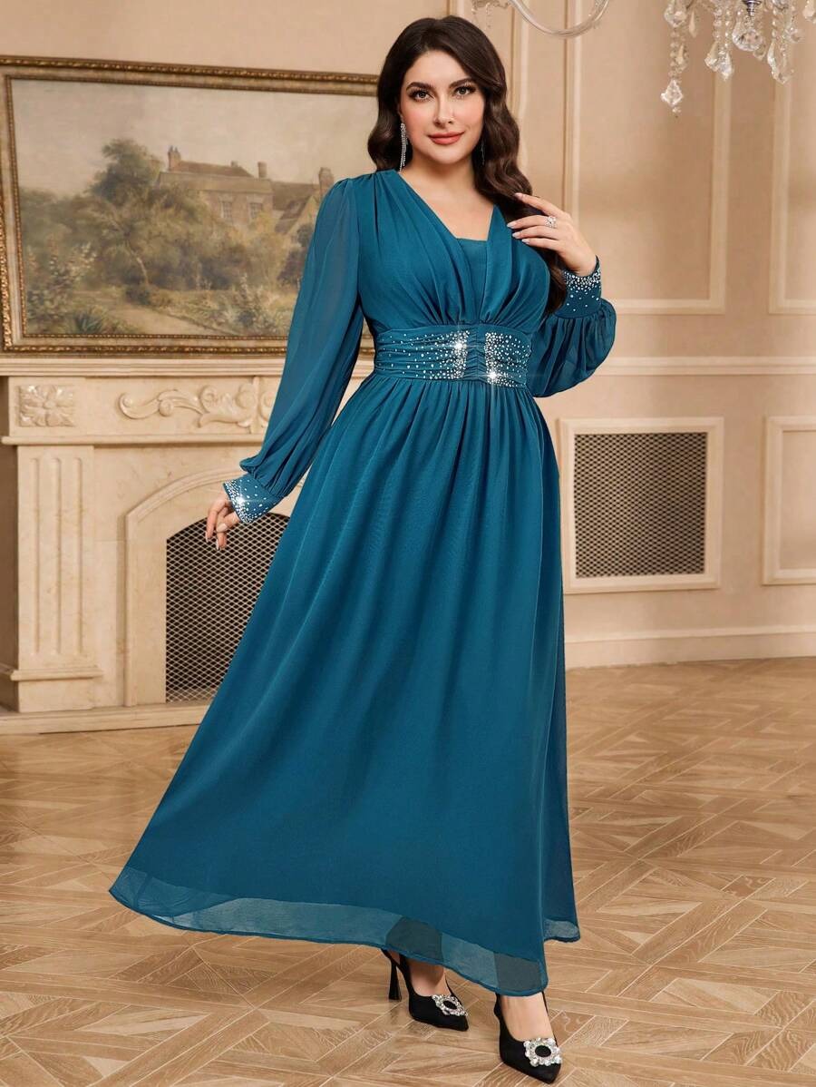 Navy Blue Sequin Embellished V-Neck Long Sleeve Maxi Dress