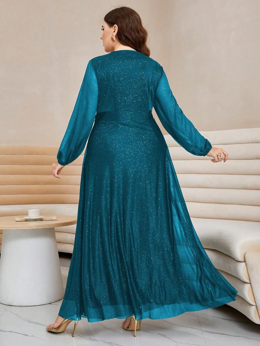 Luxury Green Sequin Embellished Flared Gown with Full Sleeves