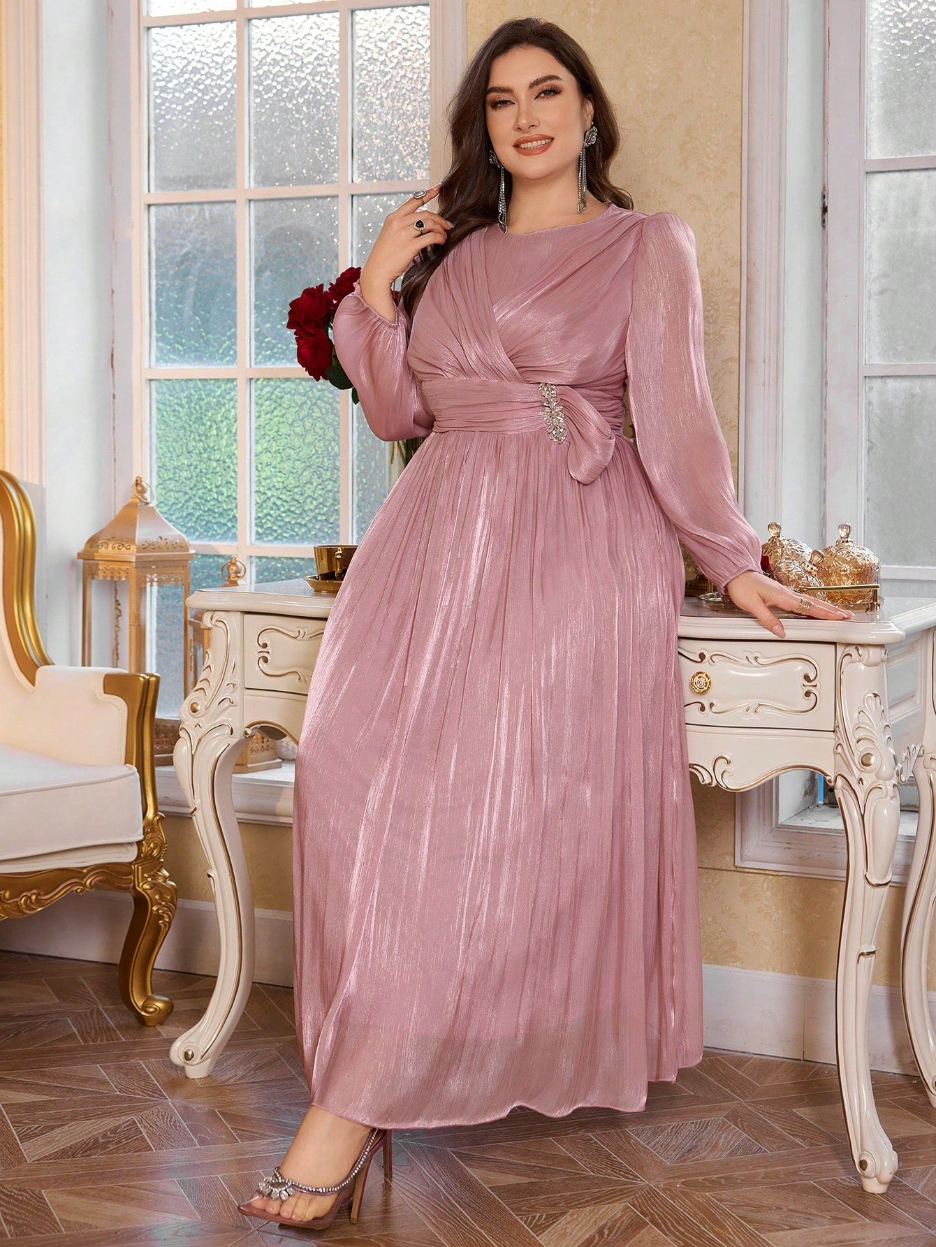 Steel Pink Elegant Shimmer Evening Gown for Women | Formal & Party Wear Dress