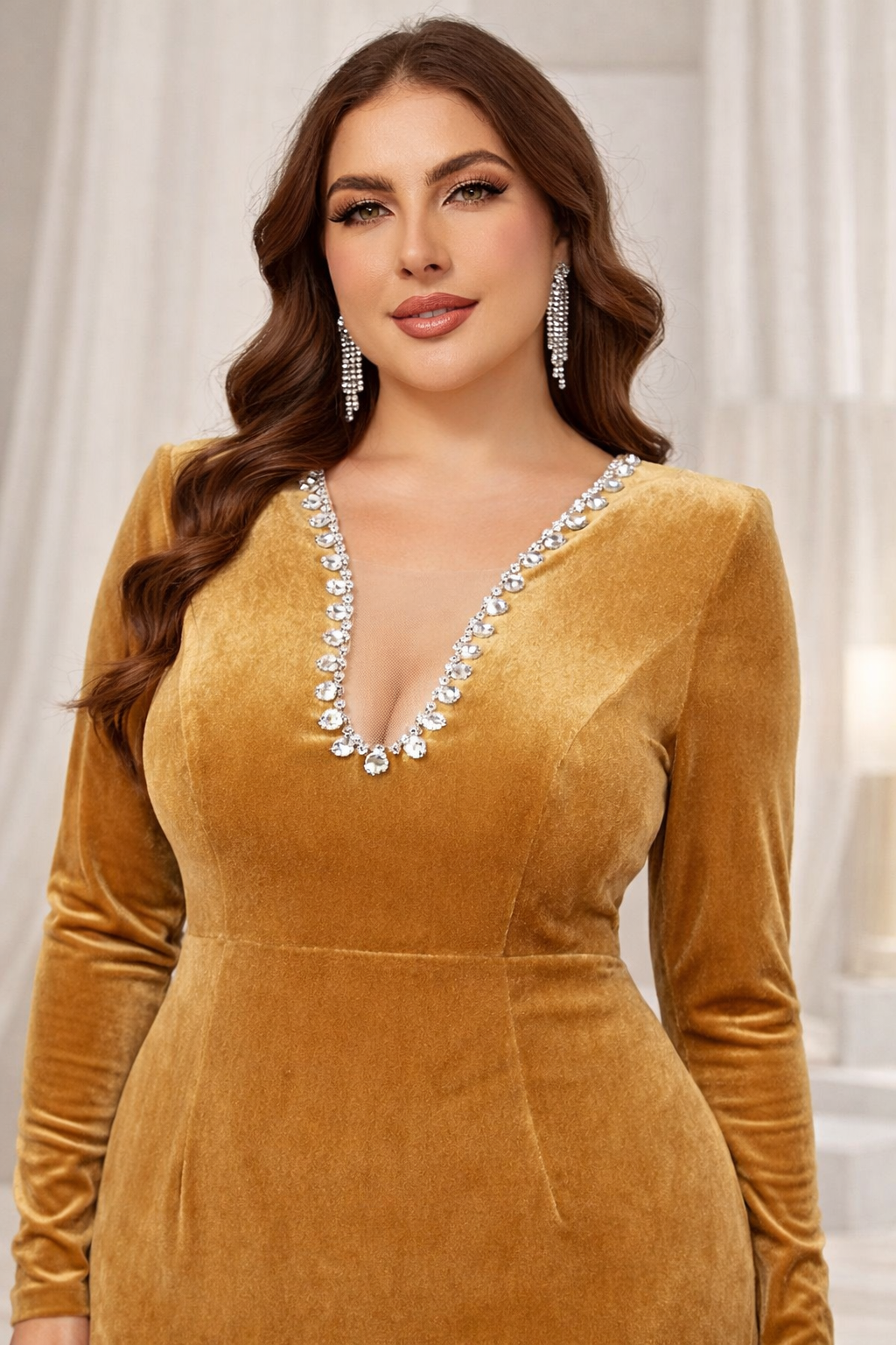 Luxury Brown Sequin Embellished Flared Gown