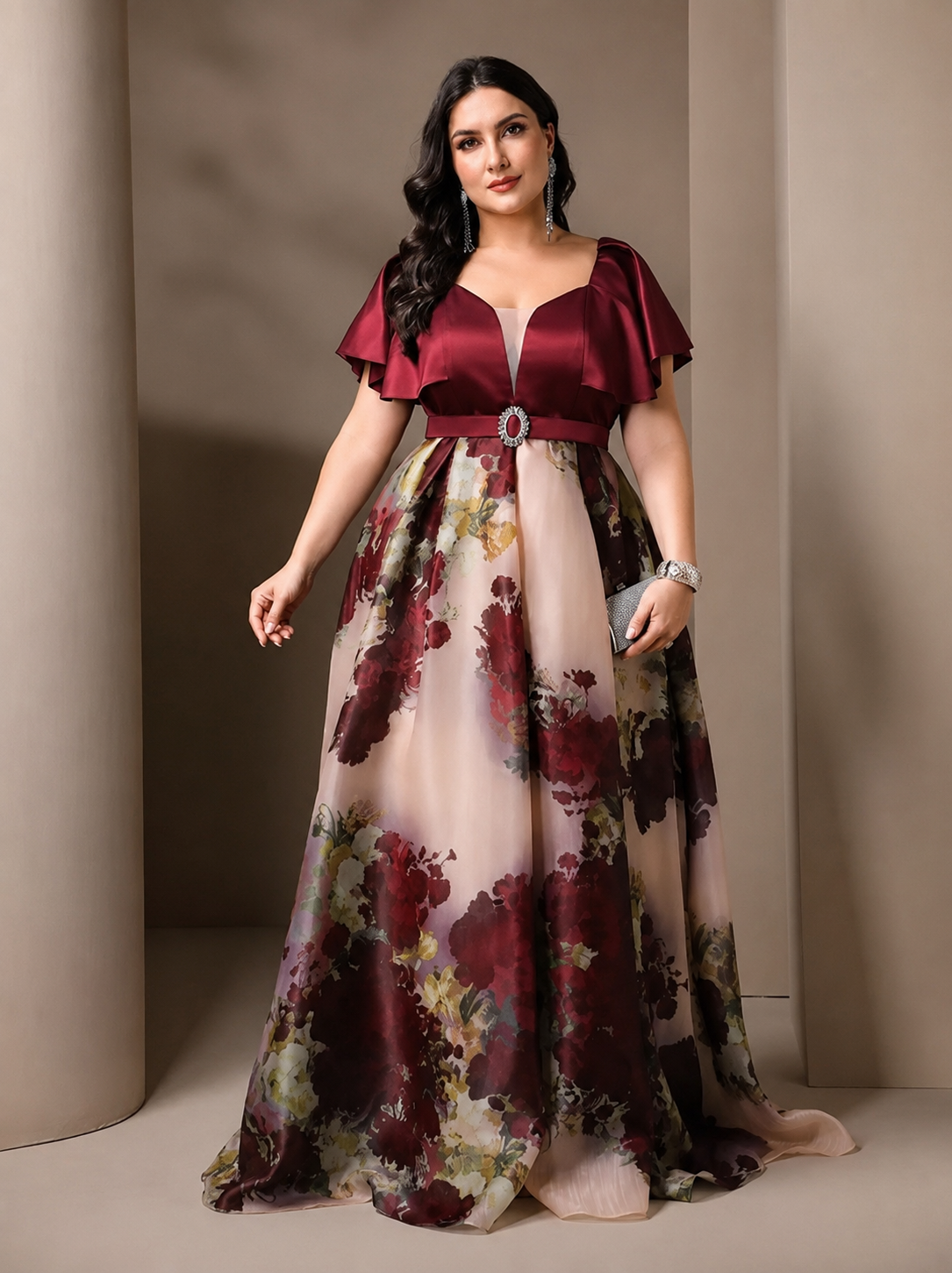 Cream Maroon Elegant Shimmer Evening Gown for Women | Formal & Party Wear Dress