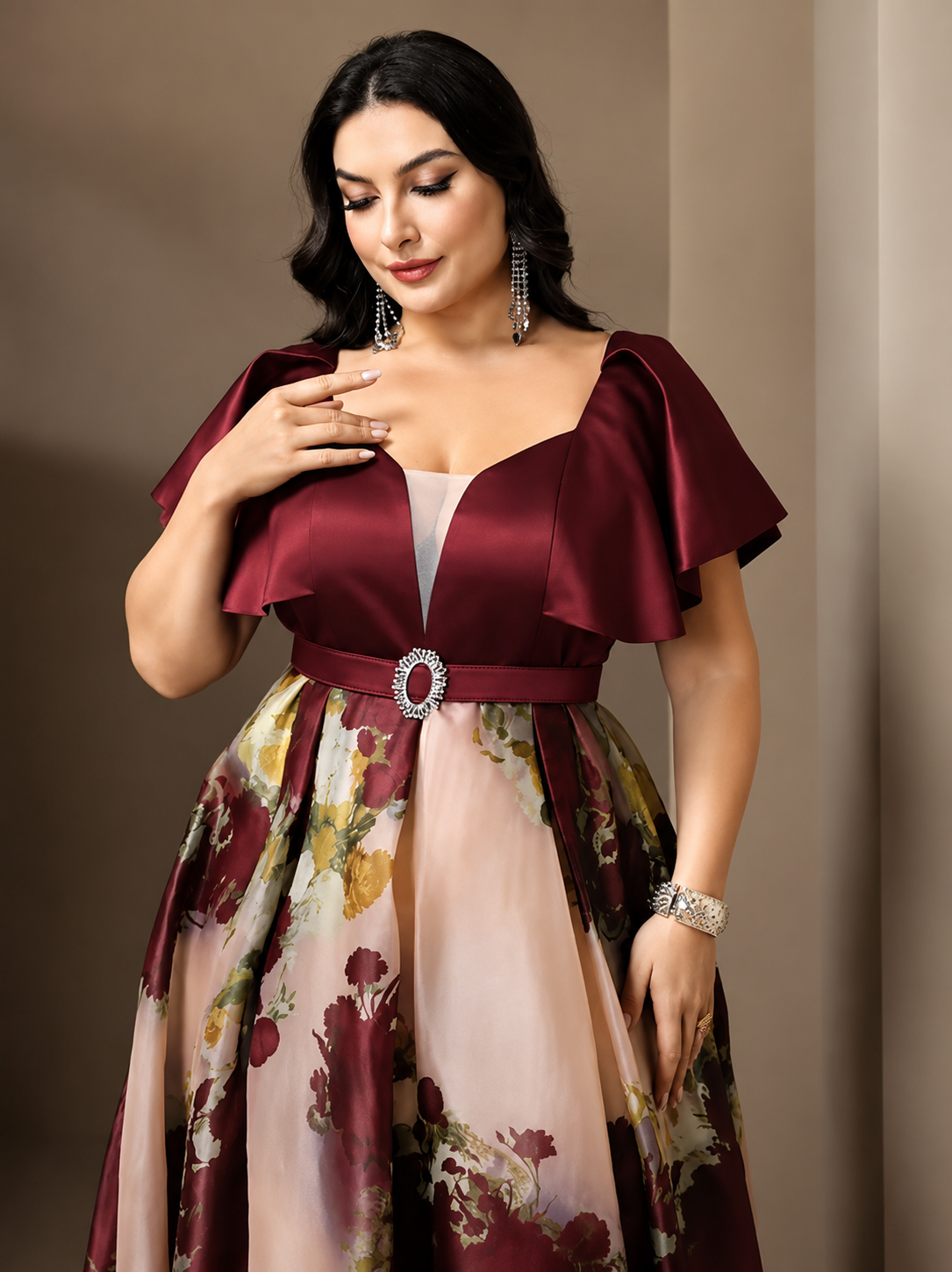 Cream Maroon Elegant Shimmer Evening Gown for Women | Formal & Party Wear Dress