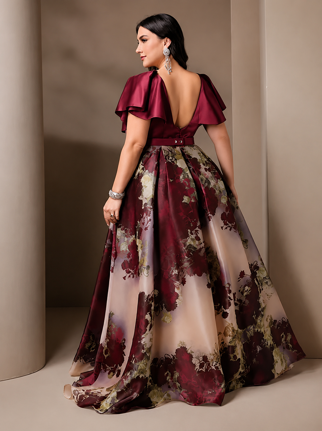 Cream Maroon Elegant Shimmer Evening Gown for Women