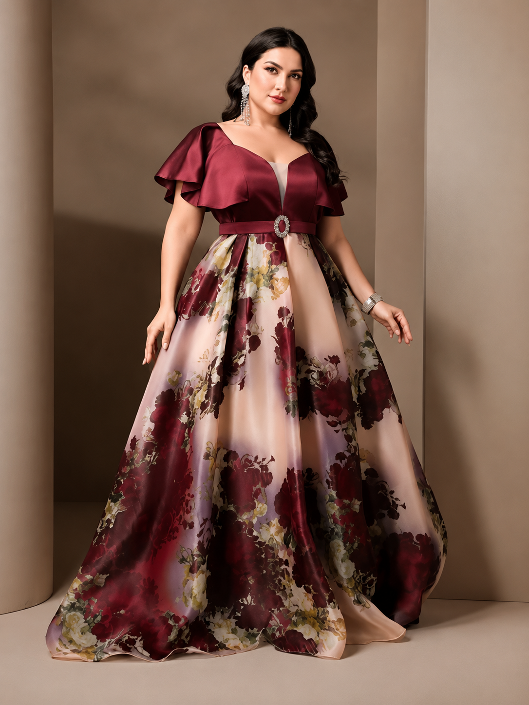 Cream Maroon Elegant Shimmer Evening Gown for Women | Formal & Party Wear Dress