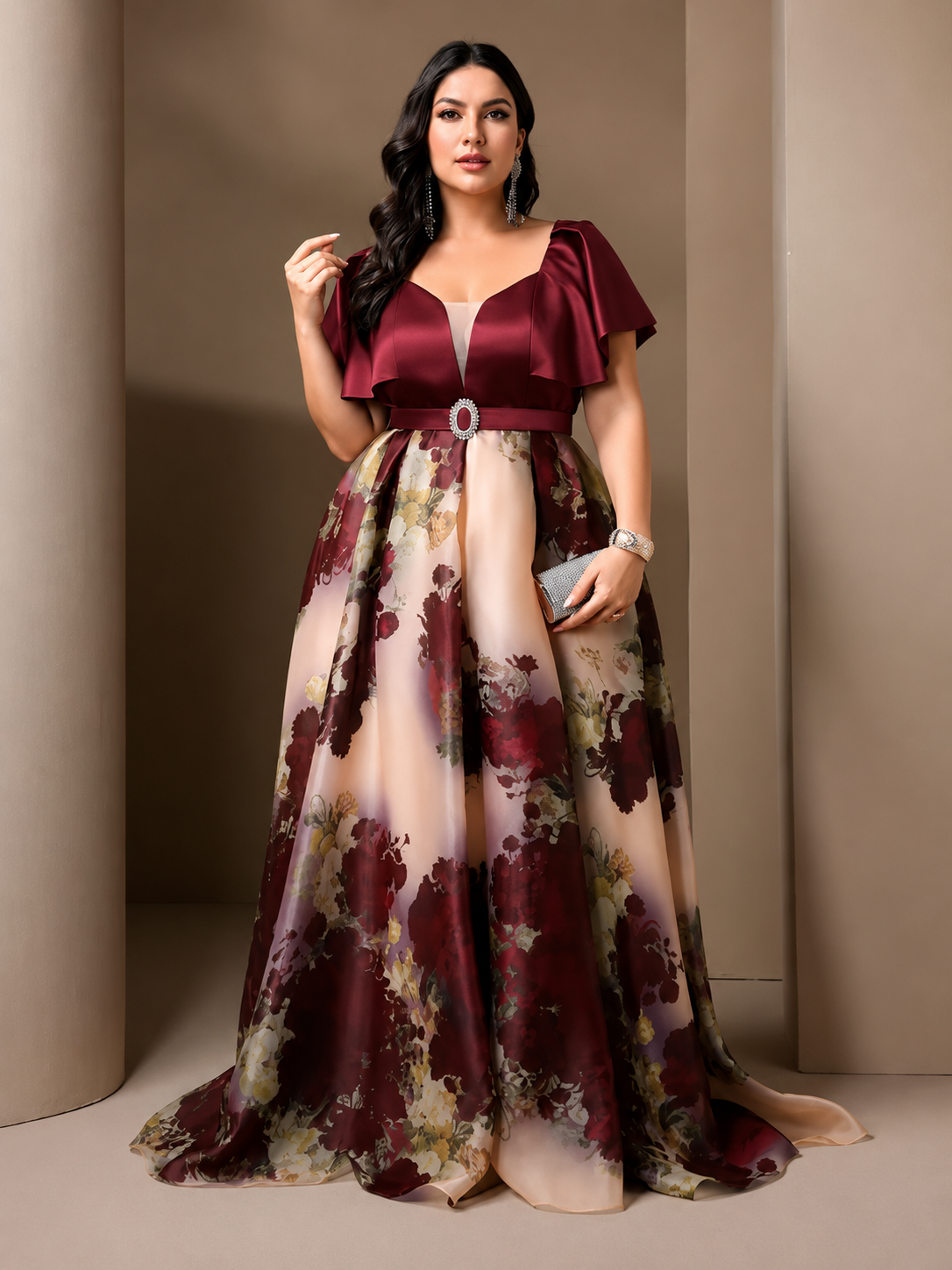 Cream Maroon Elegant Shimmer Evening Gown for Women | Formal & Party Wear Dress