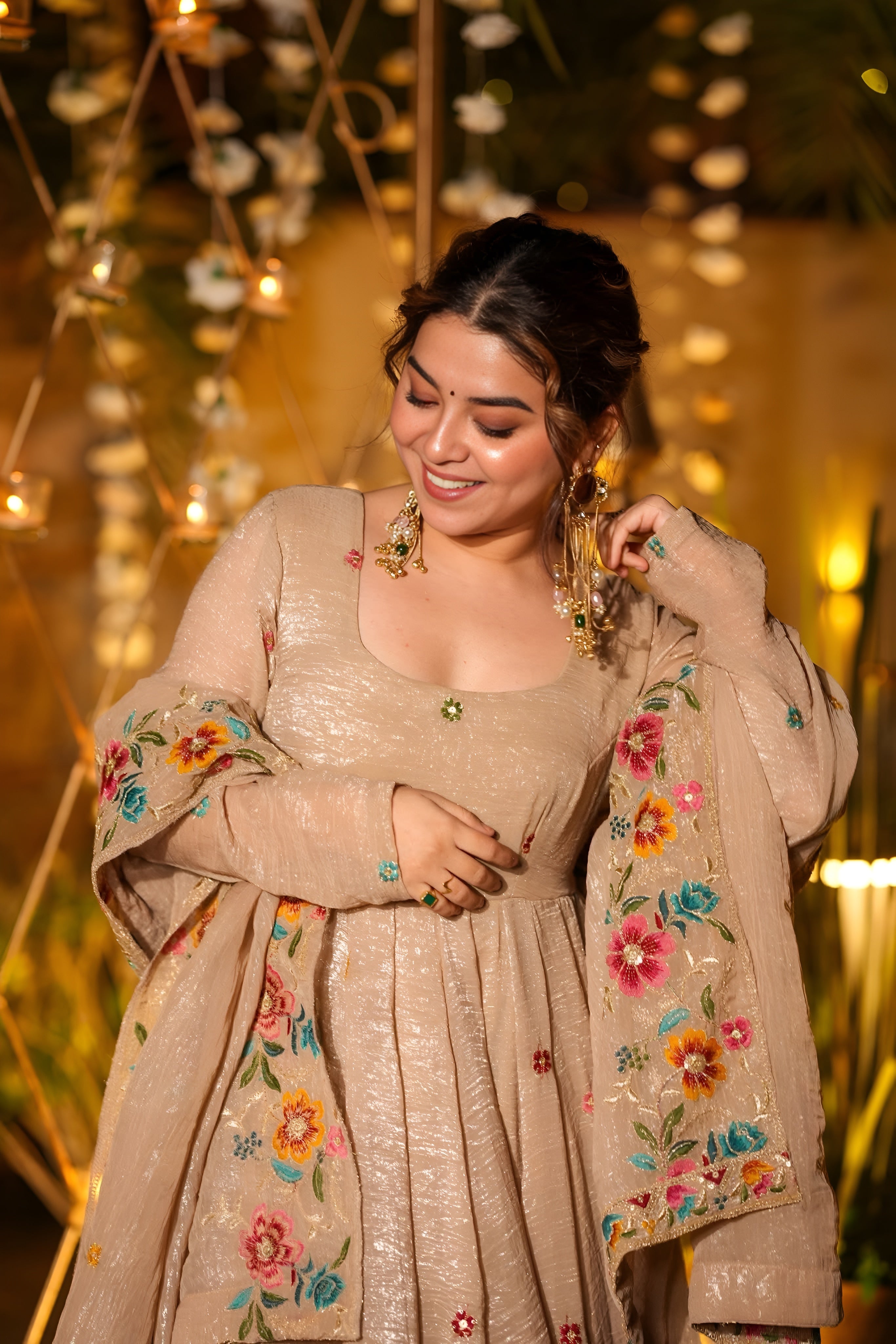 Embroidered Crunchy Silk Gown Sharara Set with Dupatta | Luxury Festive Ethnic Wear Beige