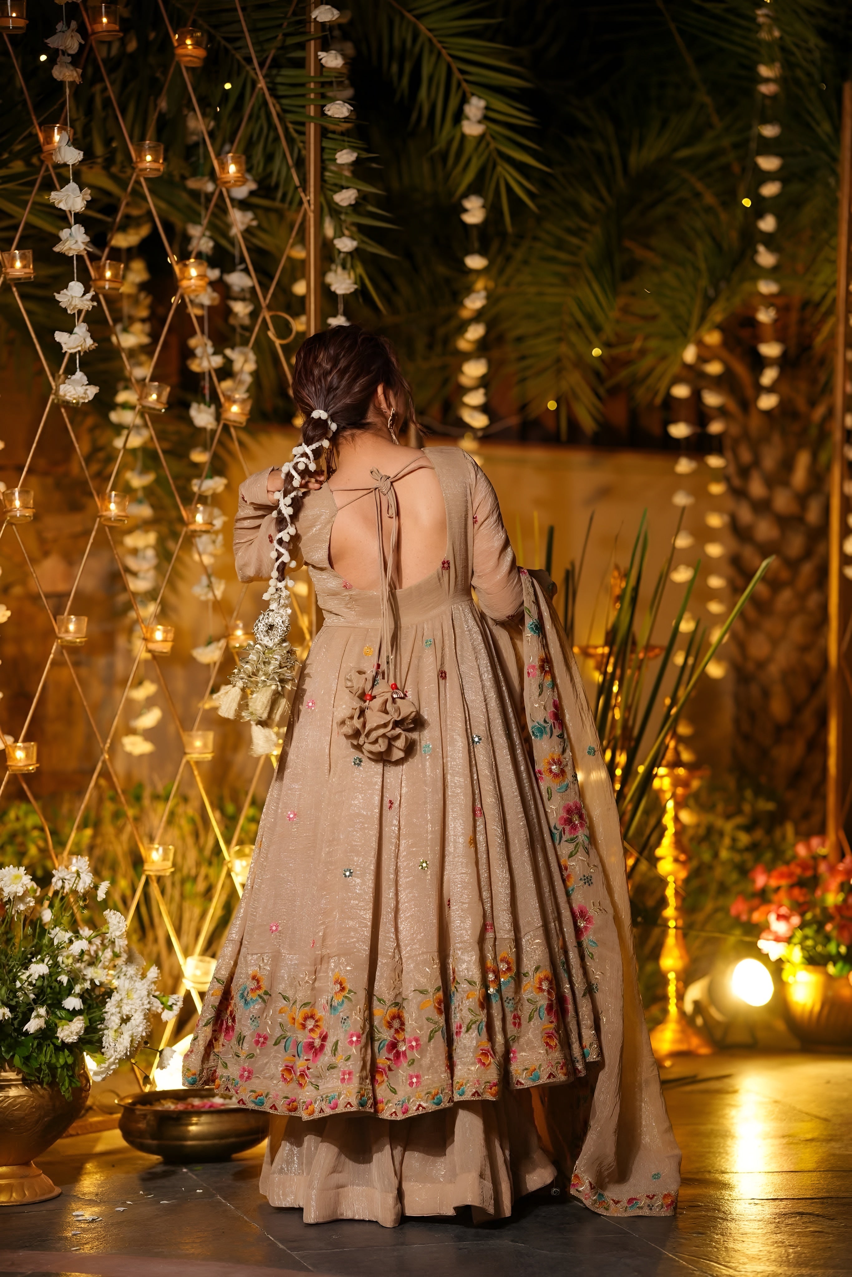 Embroidered Crunchy Silk Gown Sharara Set with Dupatta | Luxury Festive Ethnic Wear Beige