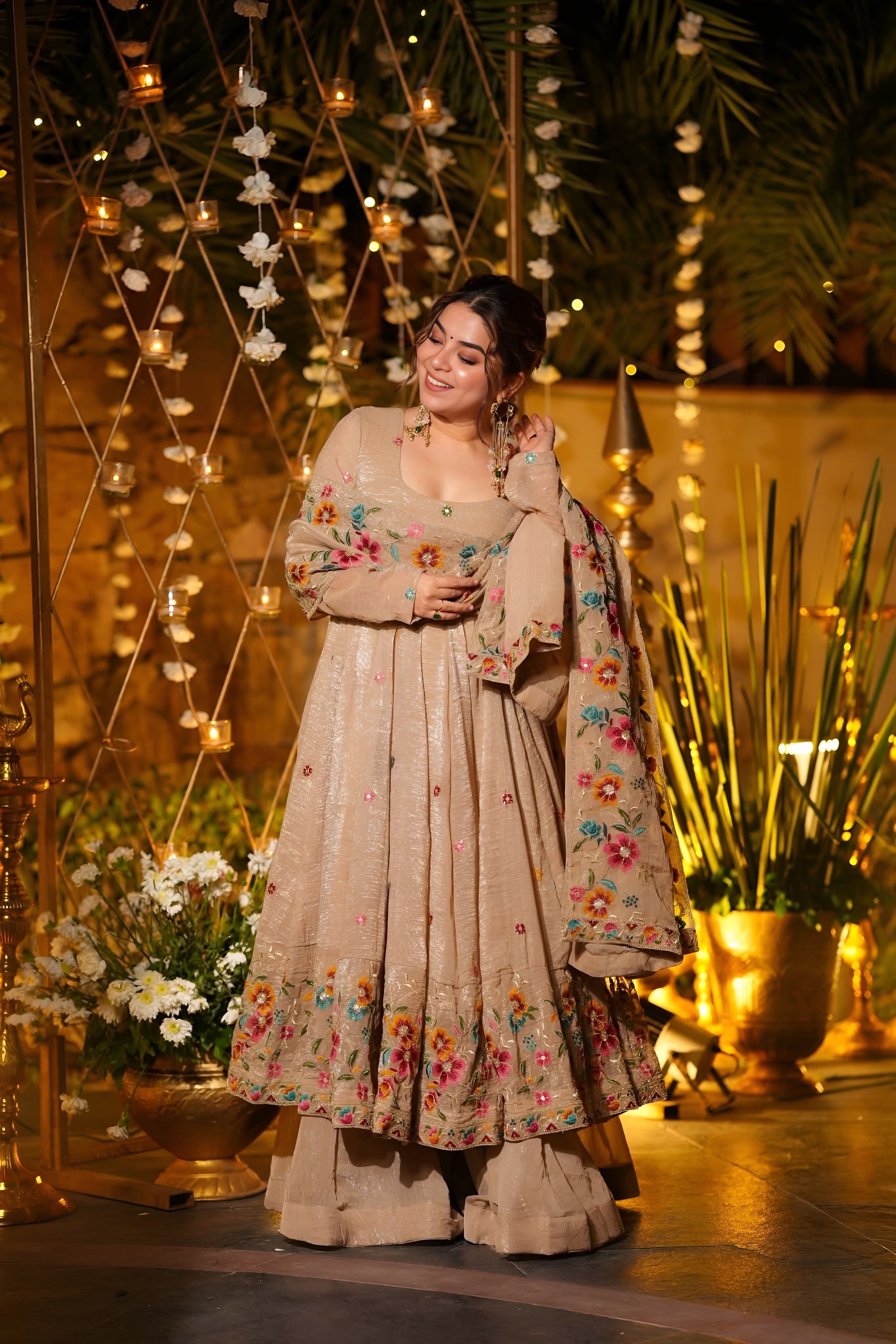 Embroidered Crunchy Silk Gown Sharara Set with Dupatta | Luxury Festive Ethnic Wear Beige