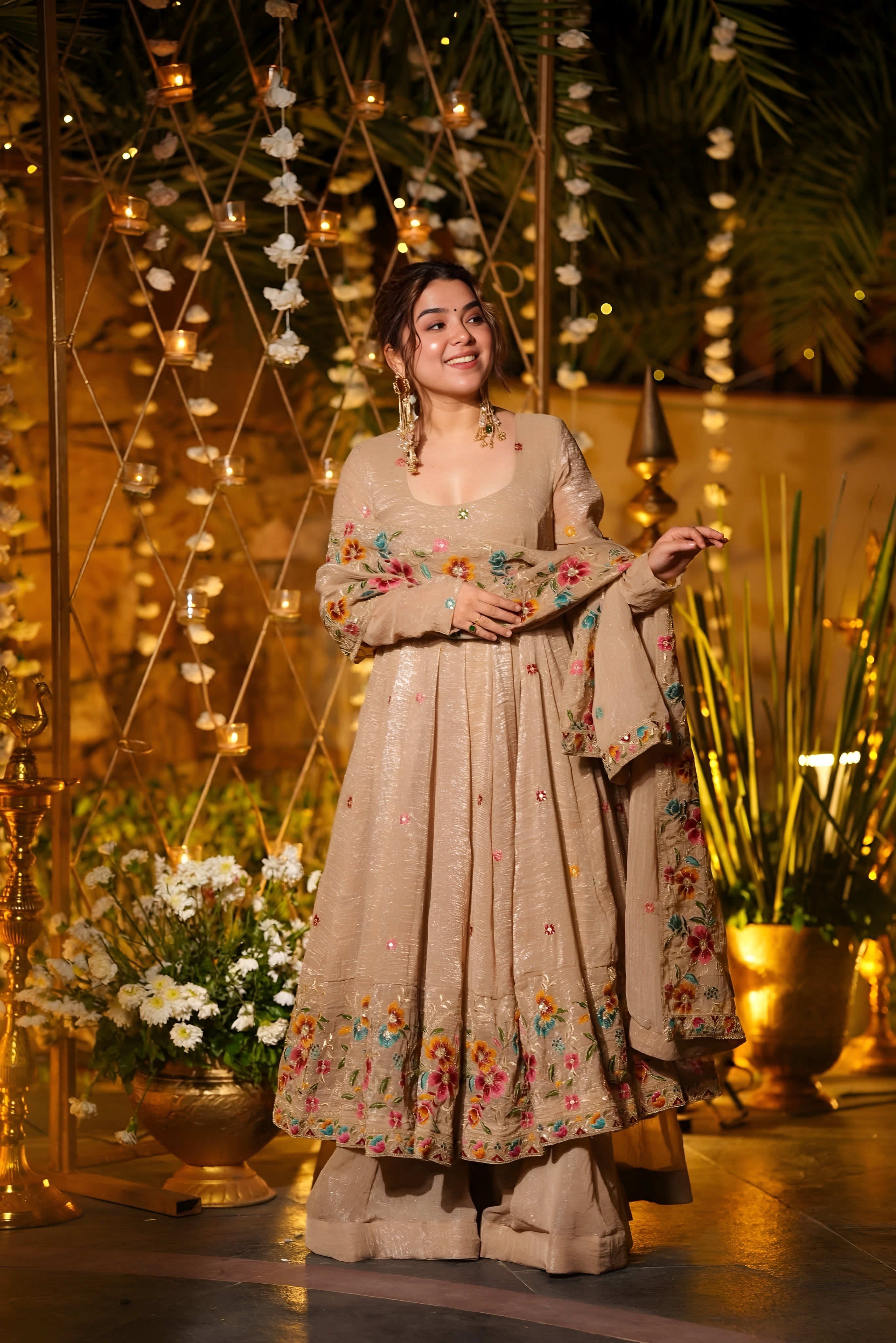Embroidered Crunchy Silk Gown Sharara Set with Dupatta | Luxury Festive Ethnic Wear Beige