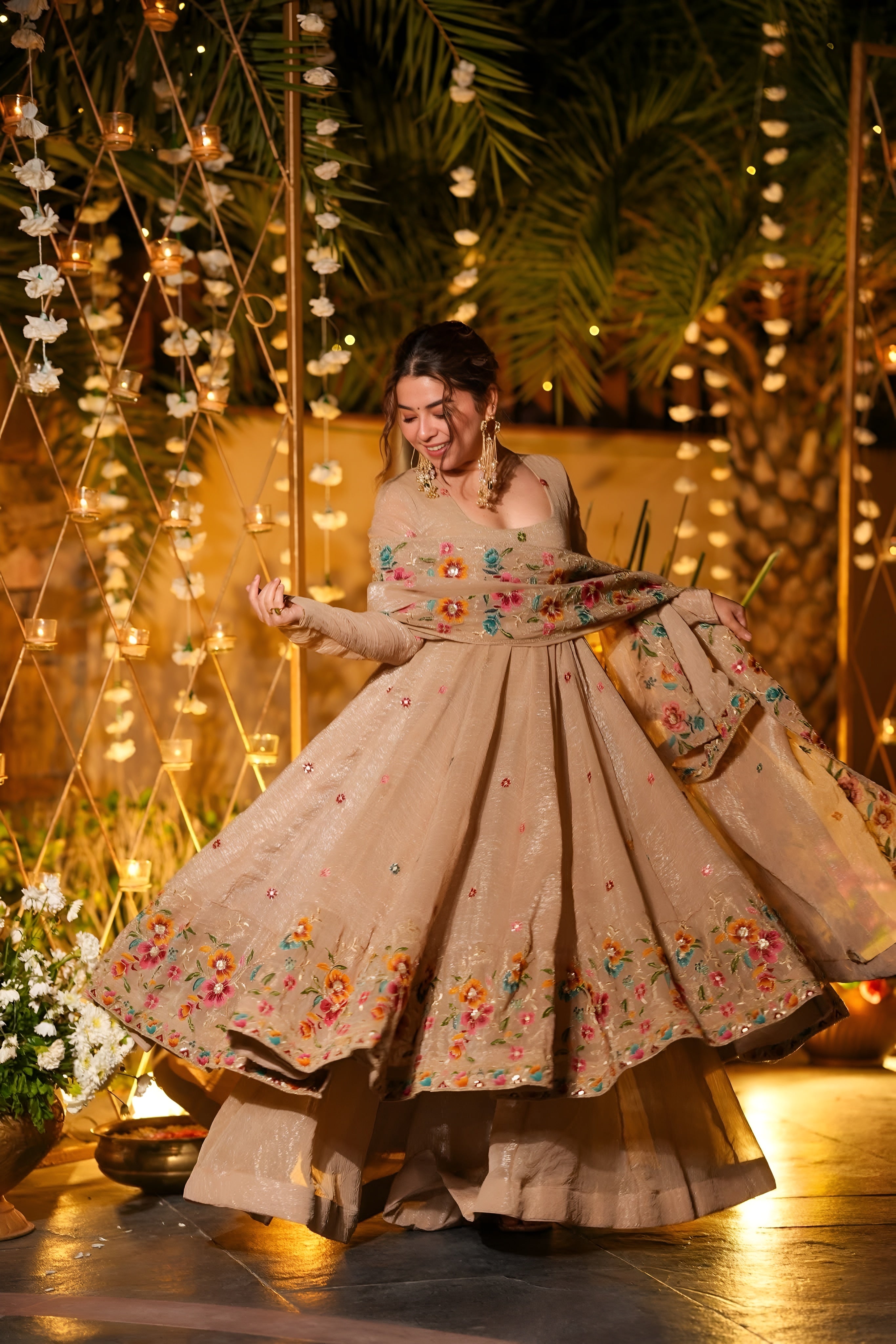 Embroidered Crunchy Silk Gown Sharara Set with Dupatta | Luxury Festive Ethnic Wear Beige