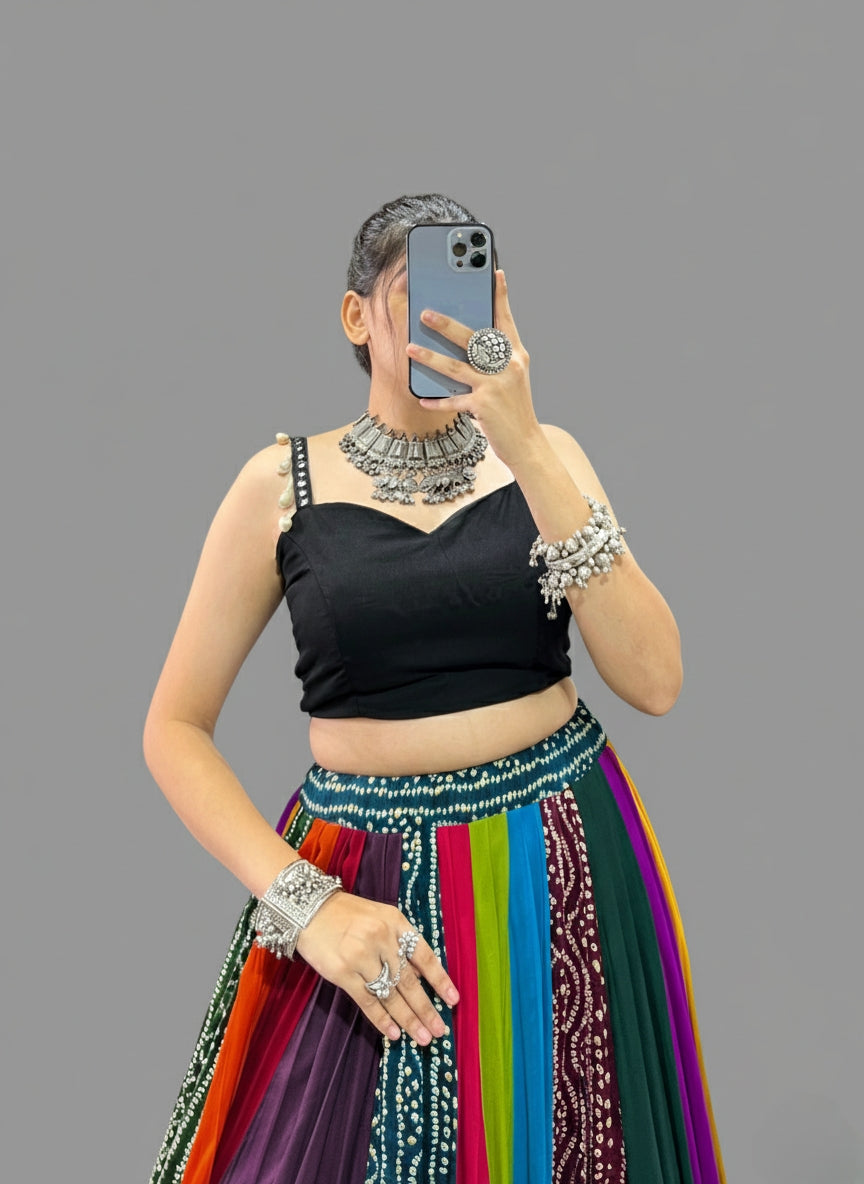 Multi Color Pure Rayon Navratri Lehenga With Black Choli