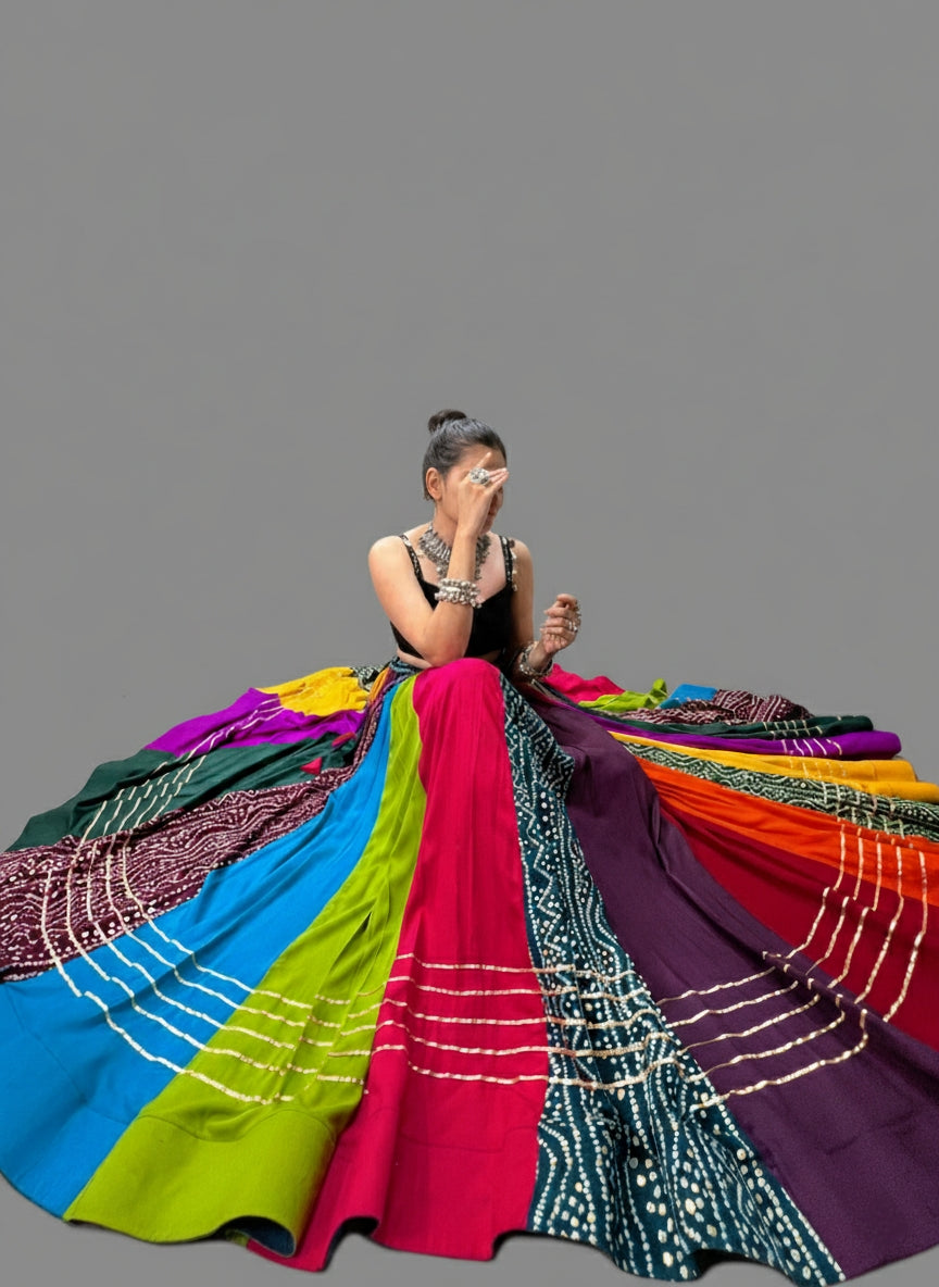 Multi Color Pure Rayon Navratri Lehenga With Black Choli