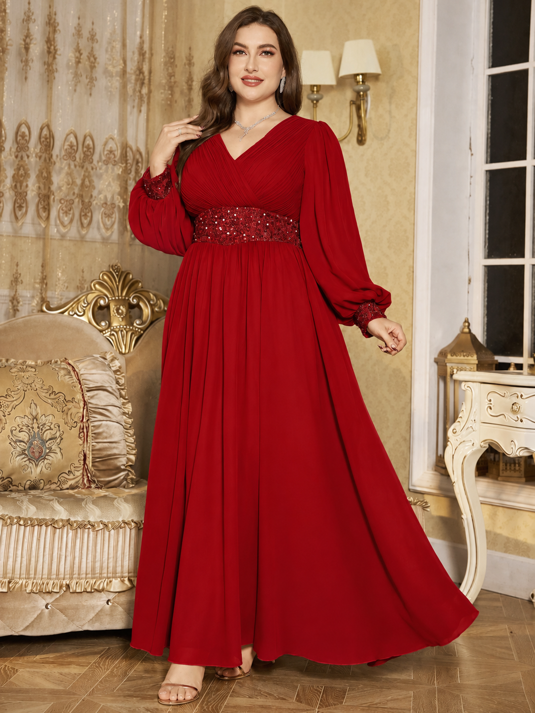Red Elegant Chiffon Maxi Gown for Women | Evening Party & Special Occasion Wear