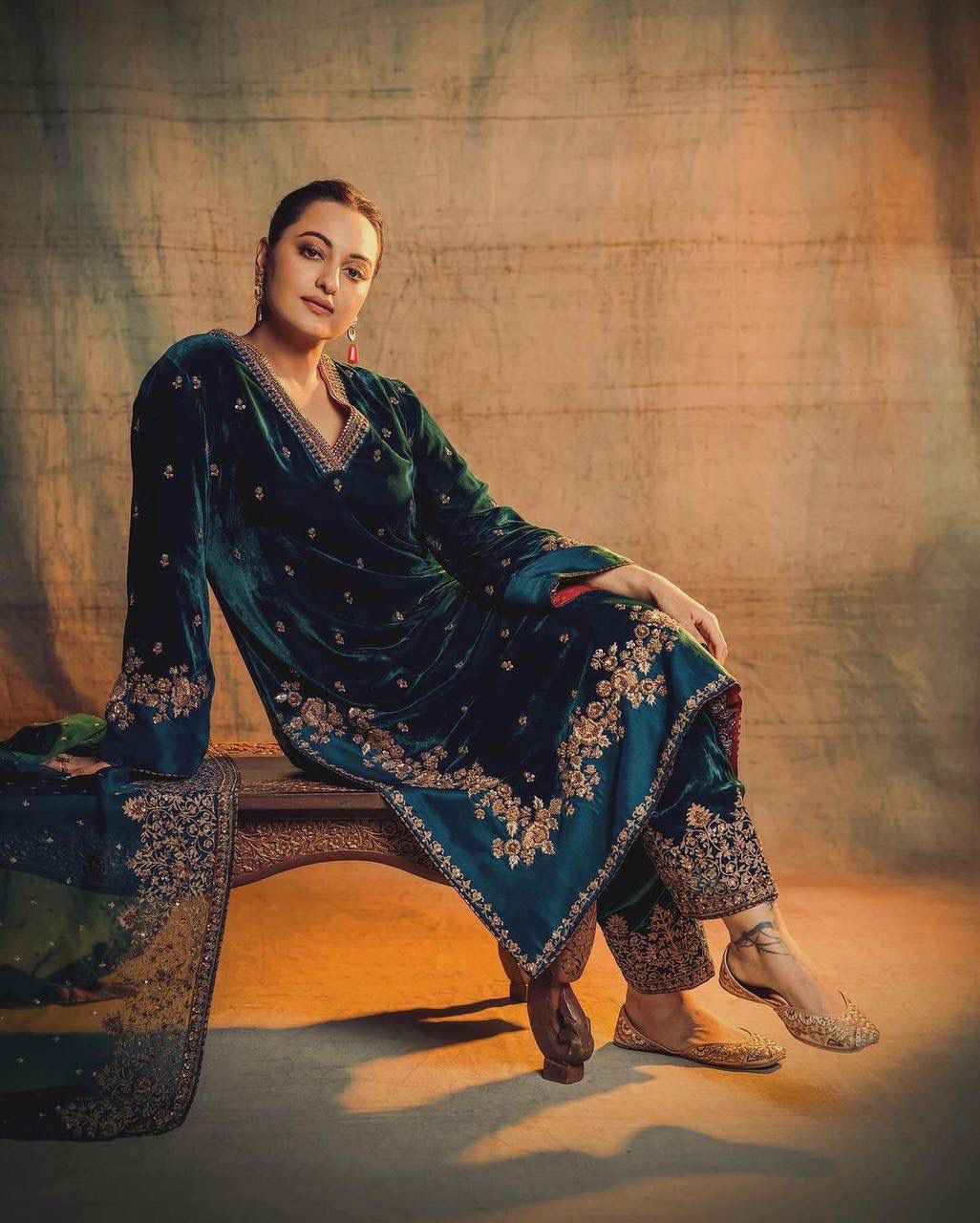 Luxury Blue Velvet Embroidered Anarkali Gown Set