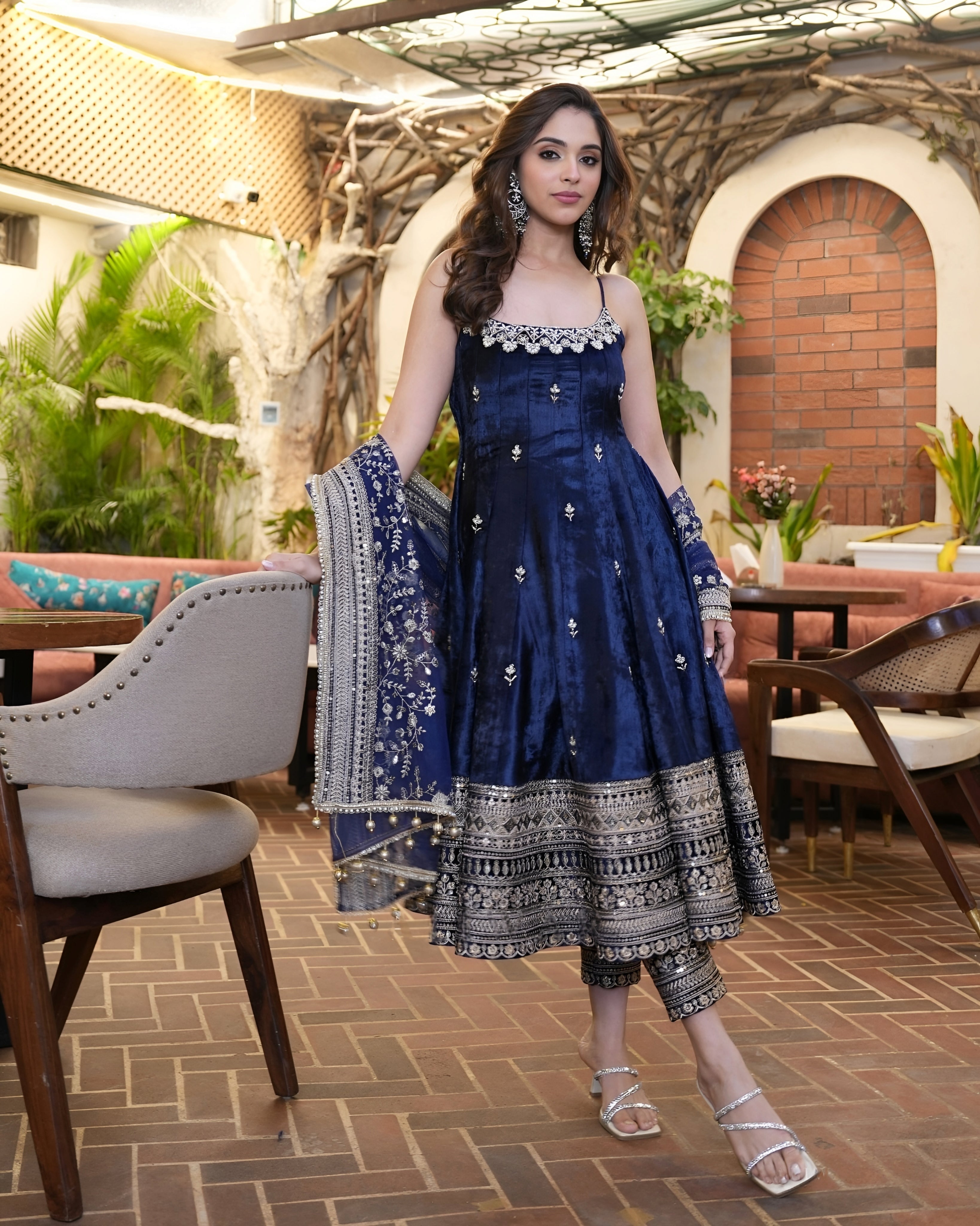 Luxury Blue Velvet Embroidered Anarkali Gown Set with Dupatta