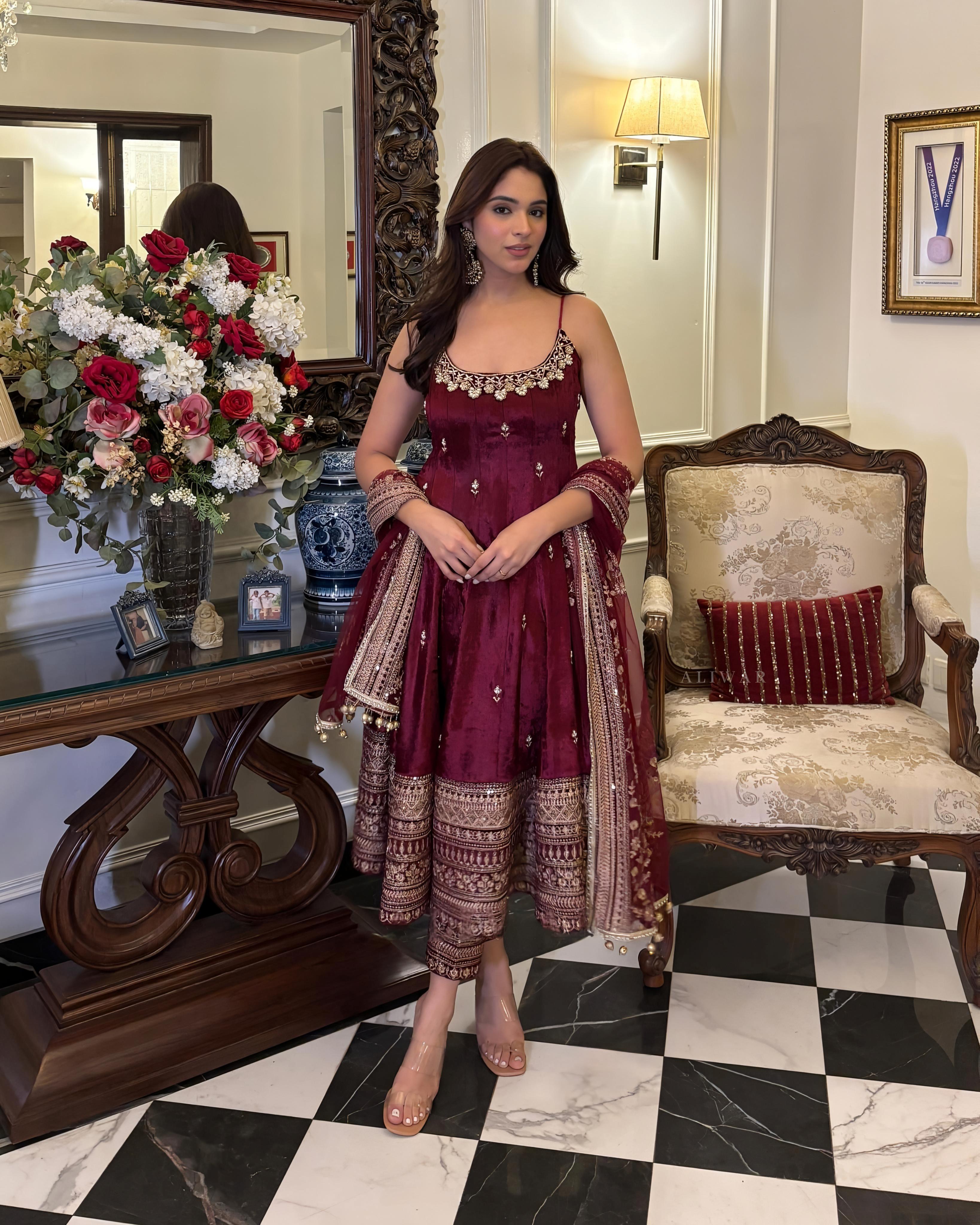 Luxury Wine Velvet Embroidered Anarkali Gown Set with Dupatta