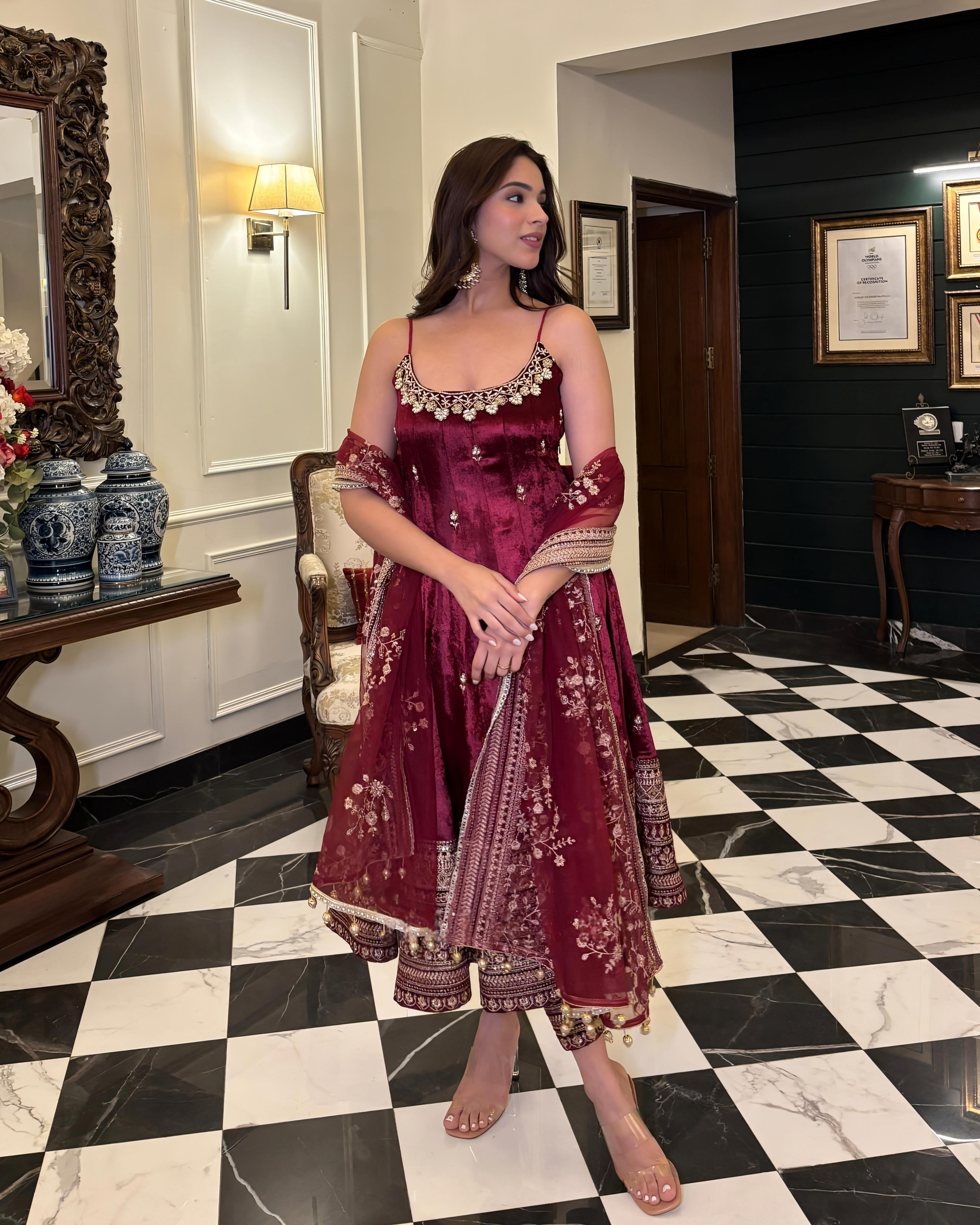 Luxury Wine Velvet Embroidered Anarkali Gown Set with Dupatta