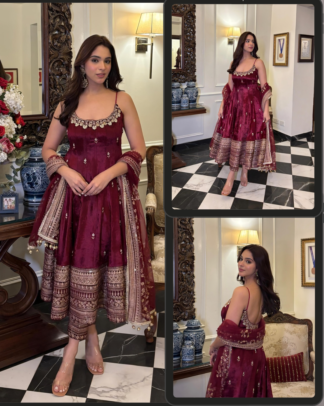 Luxury Wine Velvet Embroidered Anarkali Gown Set with Dupatta