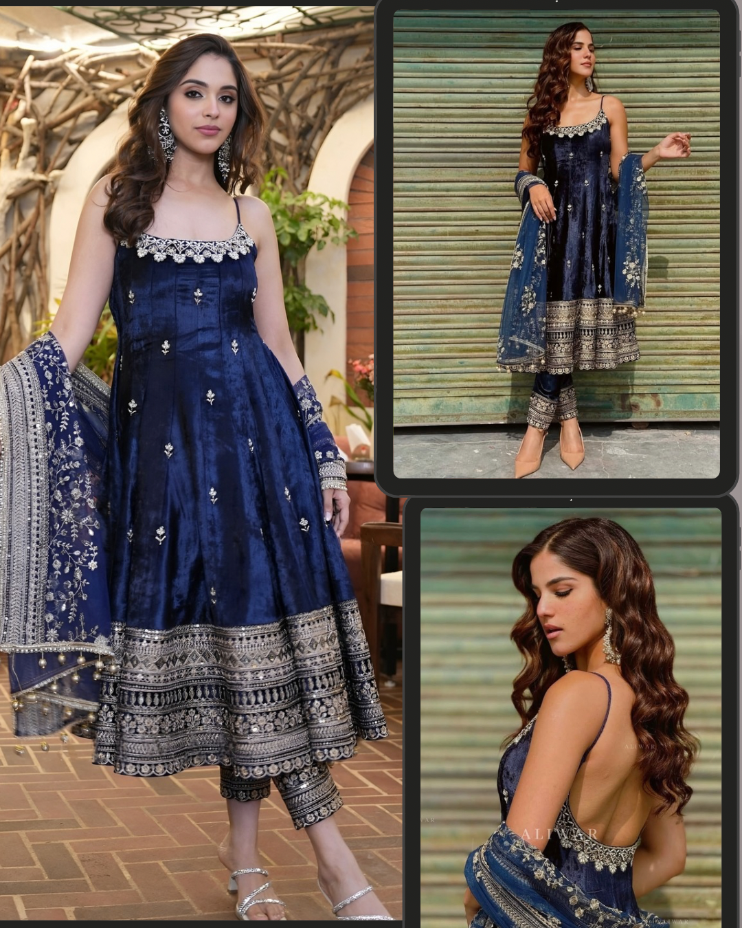 Luxury Blue Velvet Embroidered Anarkali Gown Set with Dupatta