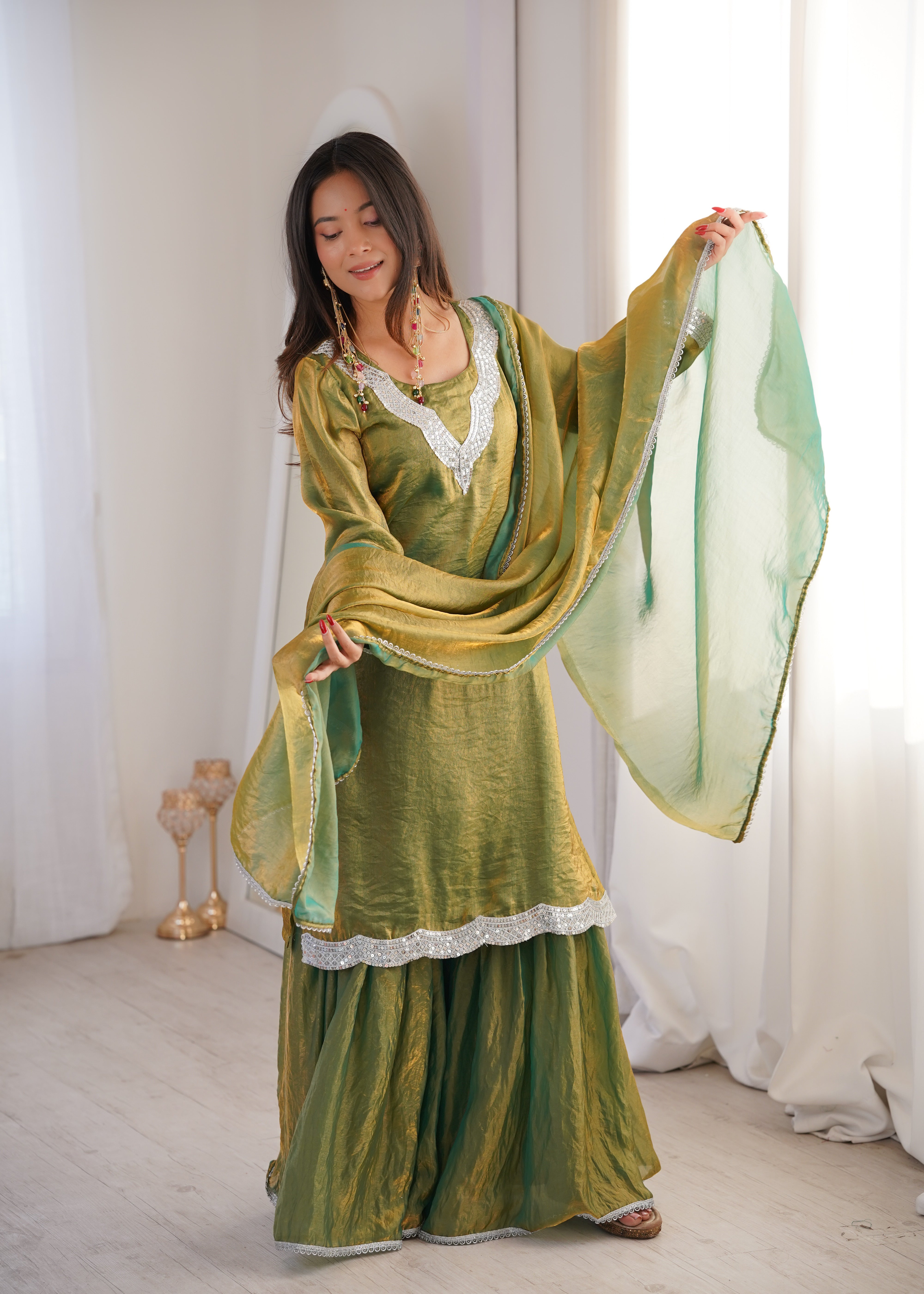 Elegant Mehendi Green Palazzo Set with Dupatta – Festive & Wedding Wear for Women