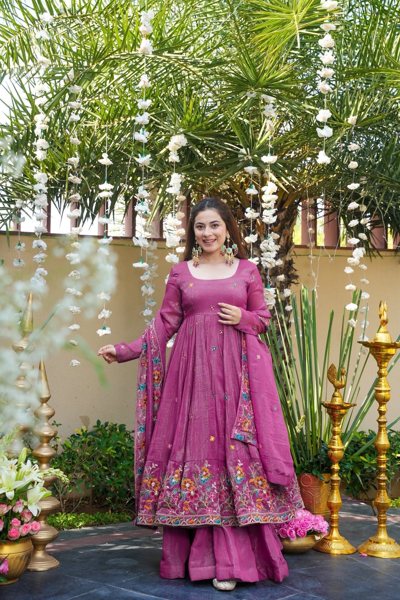 Embroidered Crunchy Silk Gown Sharara Set with Dupatta | Elegant Festive Wear Dusty Rose Pink