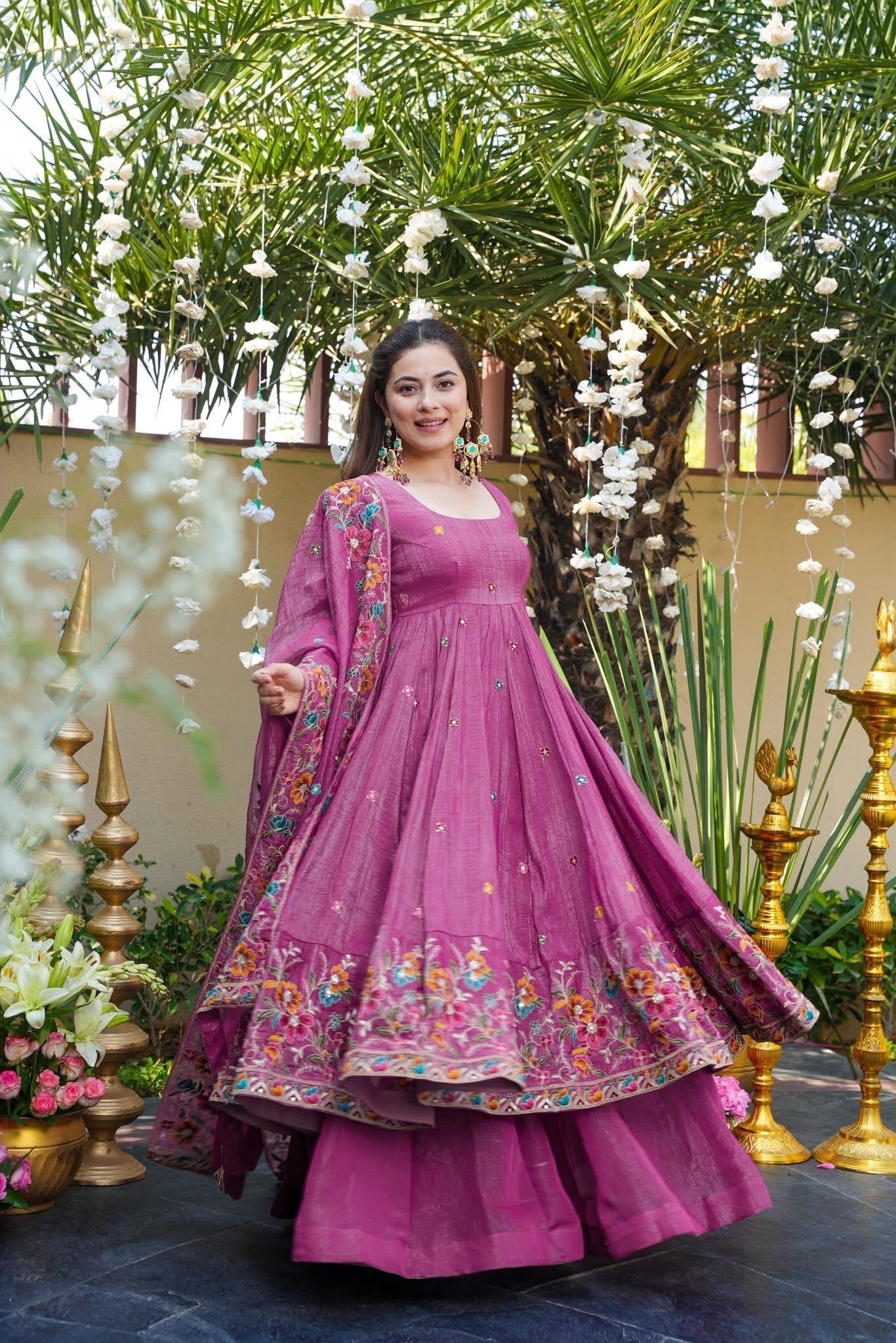 Embroidered Crunchy Silk Gown Sharara Set with Dupatta | Elegant Festive Wear Dusty Rose Pink