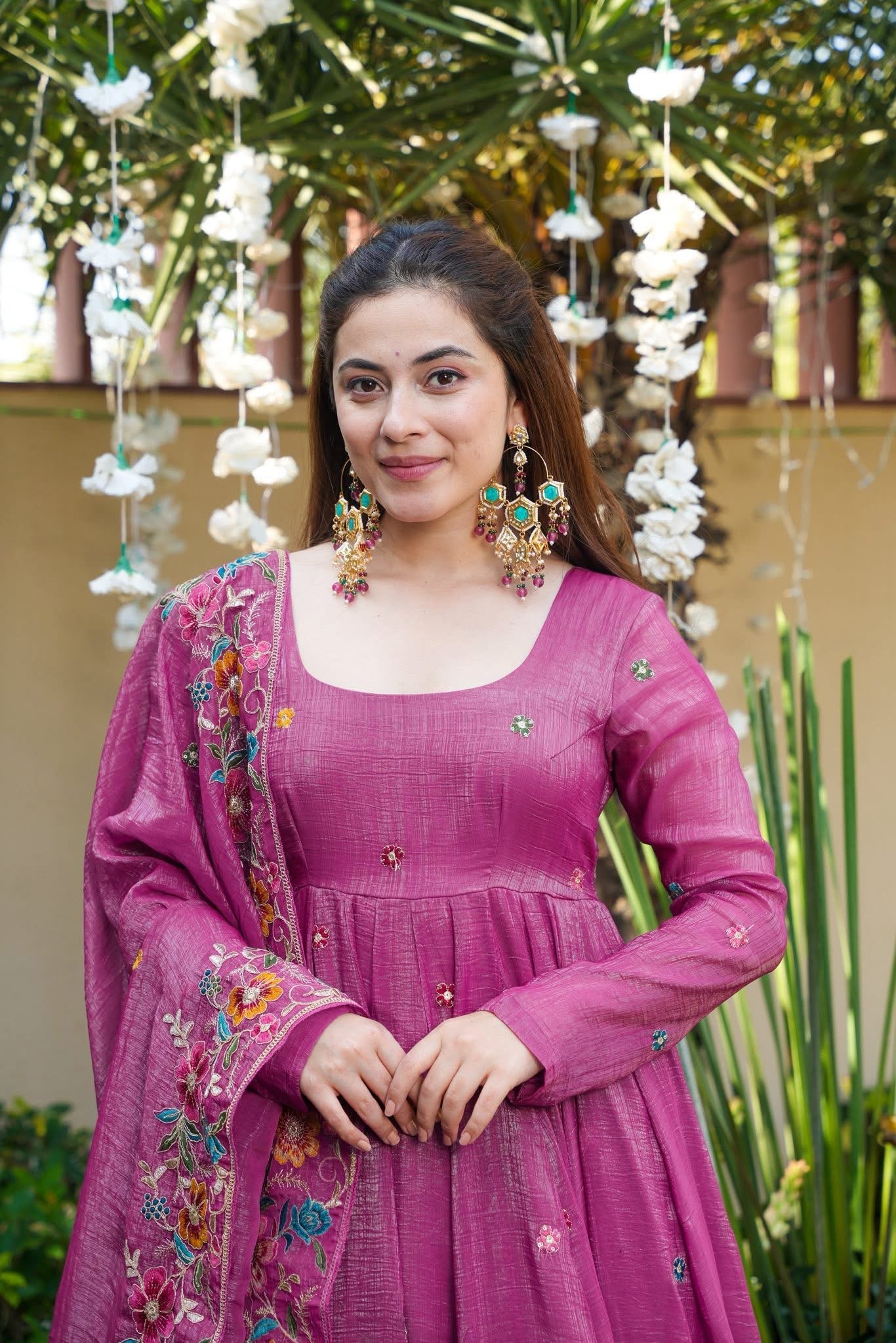 Embroidered Crunchy Silk Gown Sharara Set with Dupatta | Elegant Festive Wear Dusty Rose Pink
