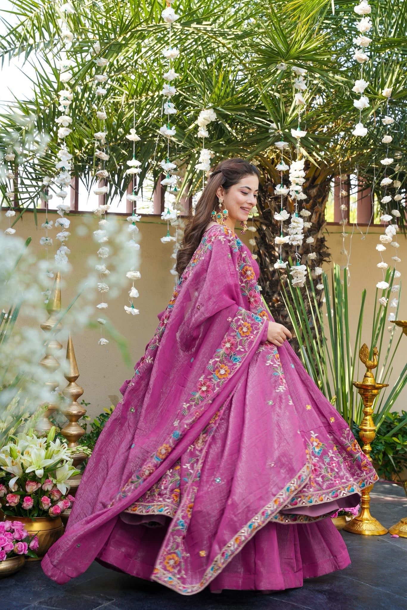 Embroidered Crunchy Silk Gown Sharara Set with Dupatta | Elegant Festive Wear Dusty Rose Pink