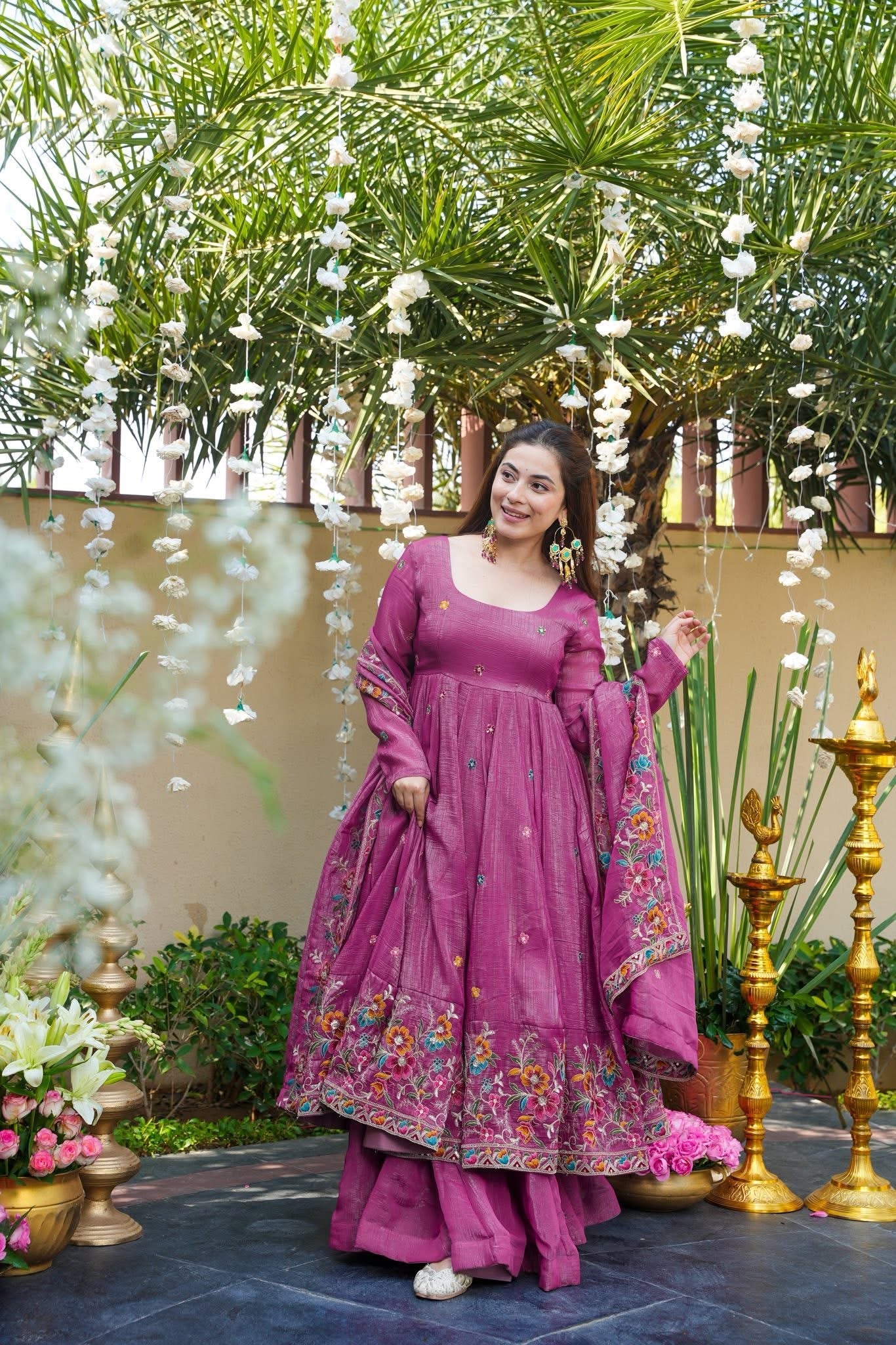 Embroidered Crunchy Silk Gown Sharara Set with Dupatta | Elegant Festive Wear Dusty Rose Pink